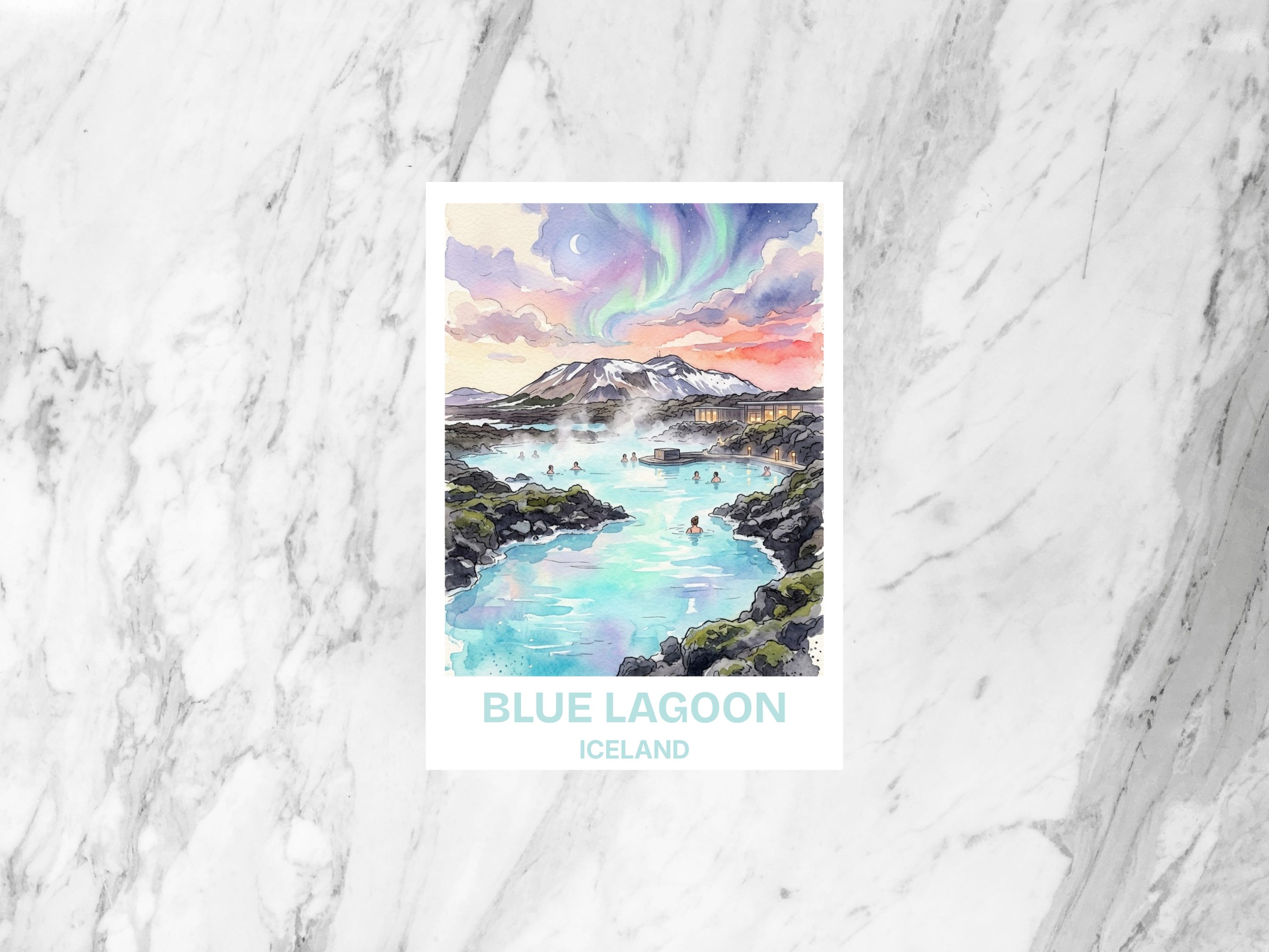 Blue Lagoon Iceland Watercolor Postcard Geothermal Spa Travel Art Nordic Souvenir Card Vacation Gift Decor Volcanic Scenery Photo
