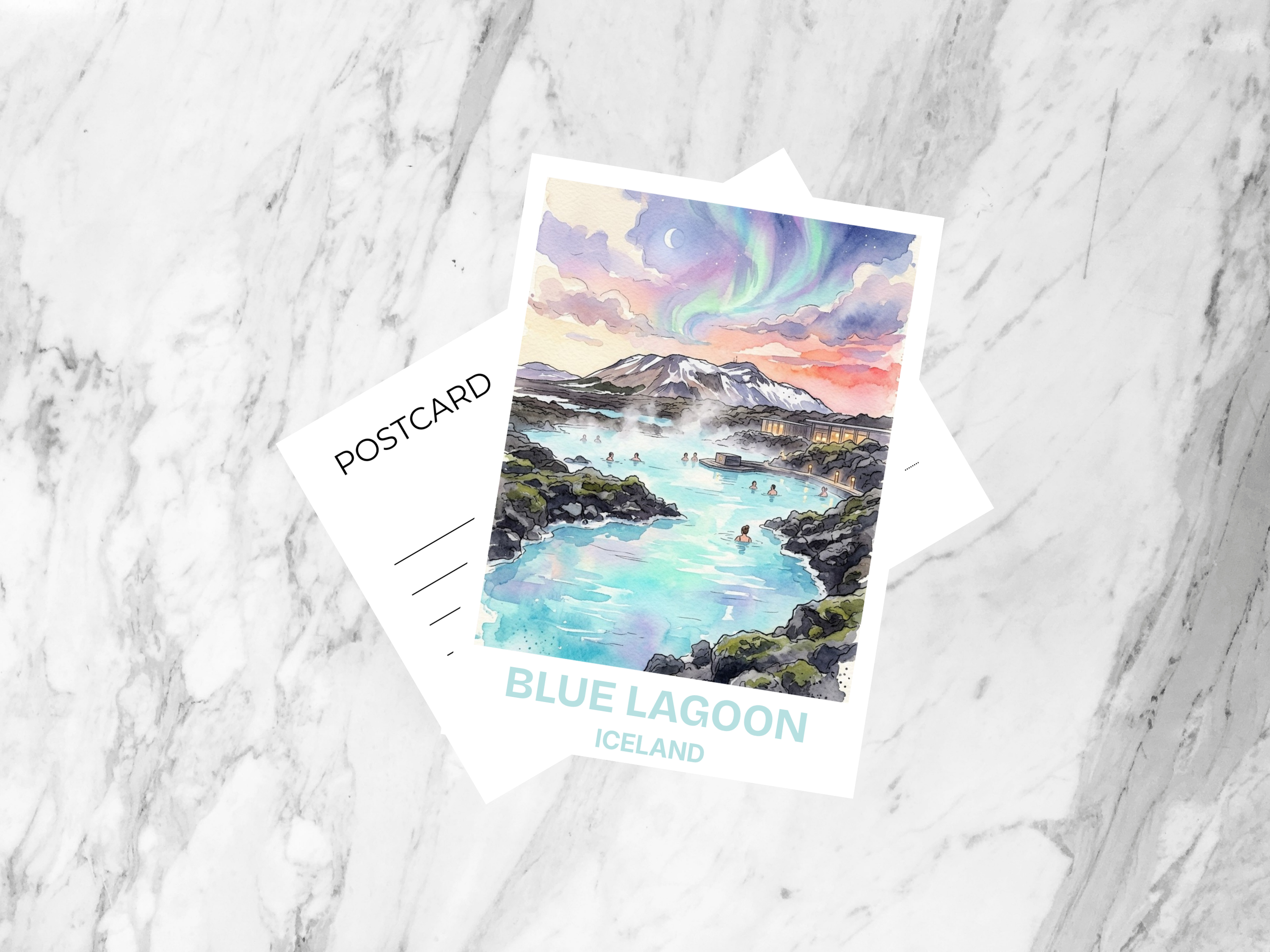 Blue Lagoon Iceland Watercolor Postcard Geothermal Spa Travel Art Nordic Souvenir Card Vacation Gift Decor Volcanic Scenery Photo