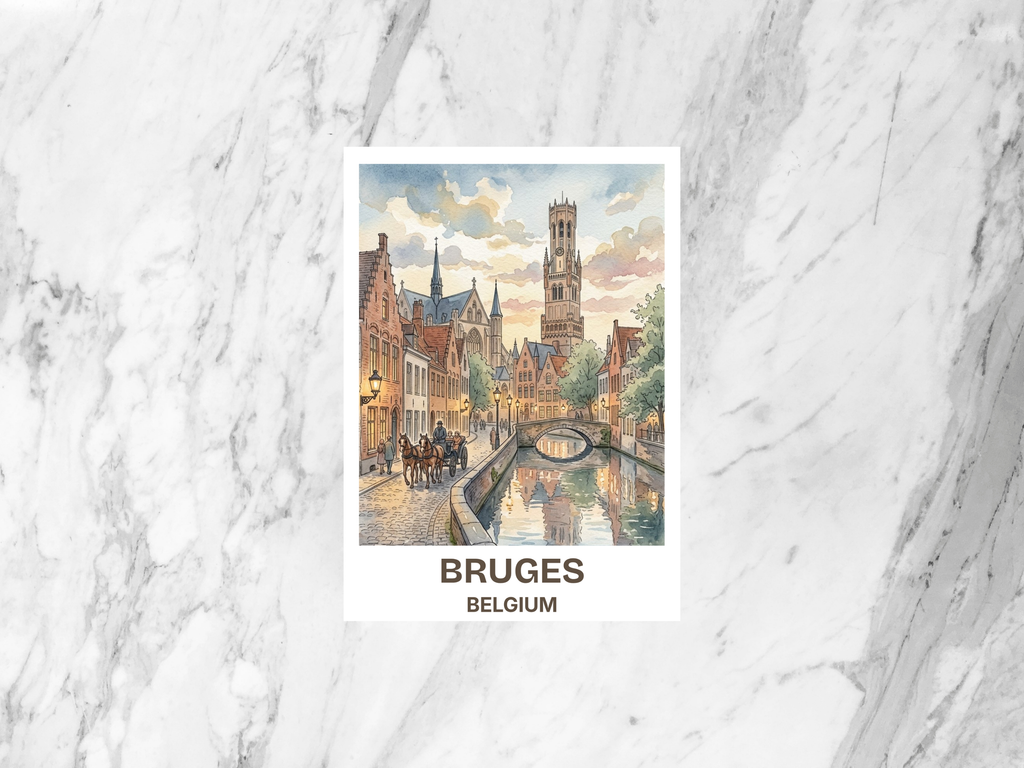 Bruges Belgium Watercolor Postcard Medieval Travel Art Canal City Souvenir Card Europe Vacation Gift Decor Old Town Cityscape Print