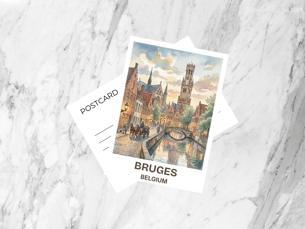 Bruges Belgium Watercolor Postcard Medieval Travel Art Canal City Souvenir Card Europe Vacation Gift Decor Old Town Cityscape Print