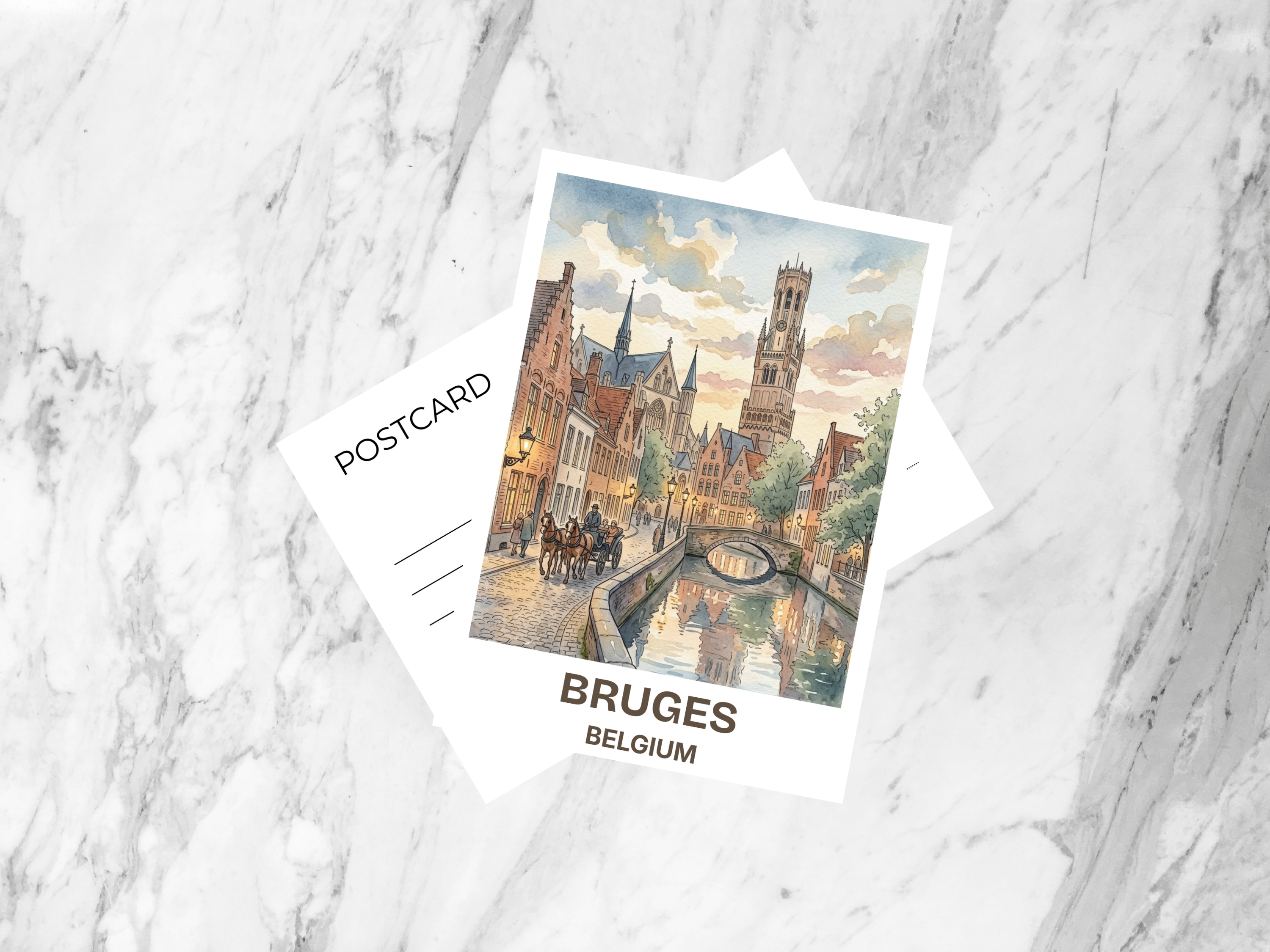 Bruges Belgium Watercolor Postcard Medieval Travel Art Canal City Souvenir Card Europe Vacation Gift Decor Old Town Cityscape Print