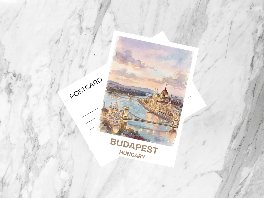 Budapest Hungary Watercolor Postcard Danube Travel Art Historic City Souvenir Card Europe Vacation Gift Decor Chain Bridge Artwork