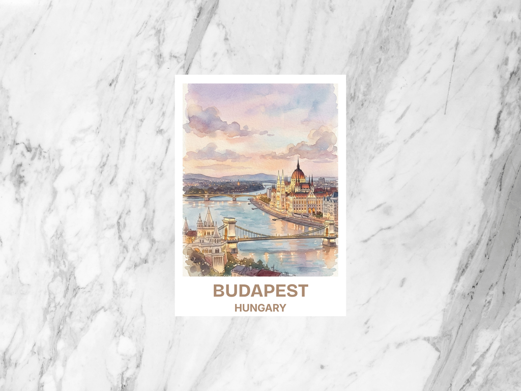 Budapest Hungary Watercolor Postcard Danube Travel Art Historic City Souvenir Card Europe Vacation Gift Decor Chain Bridge Artwork
