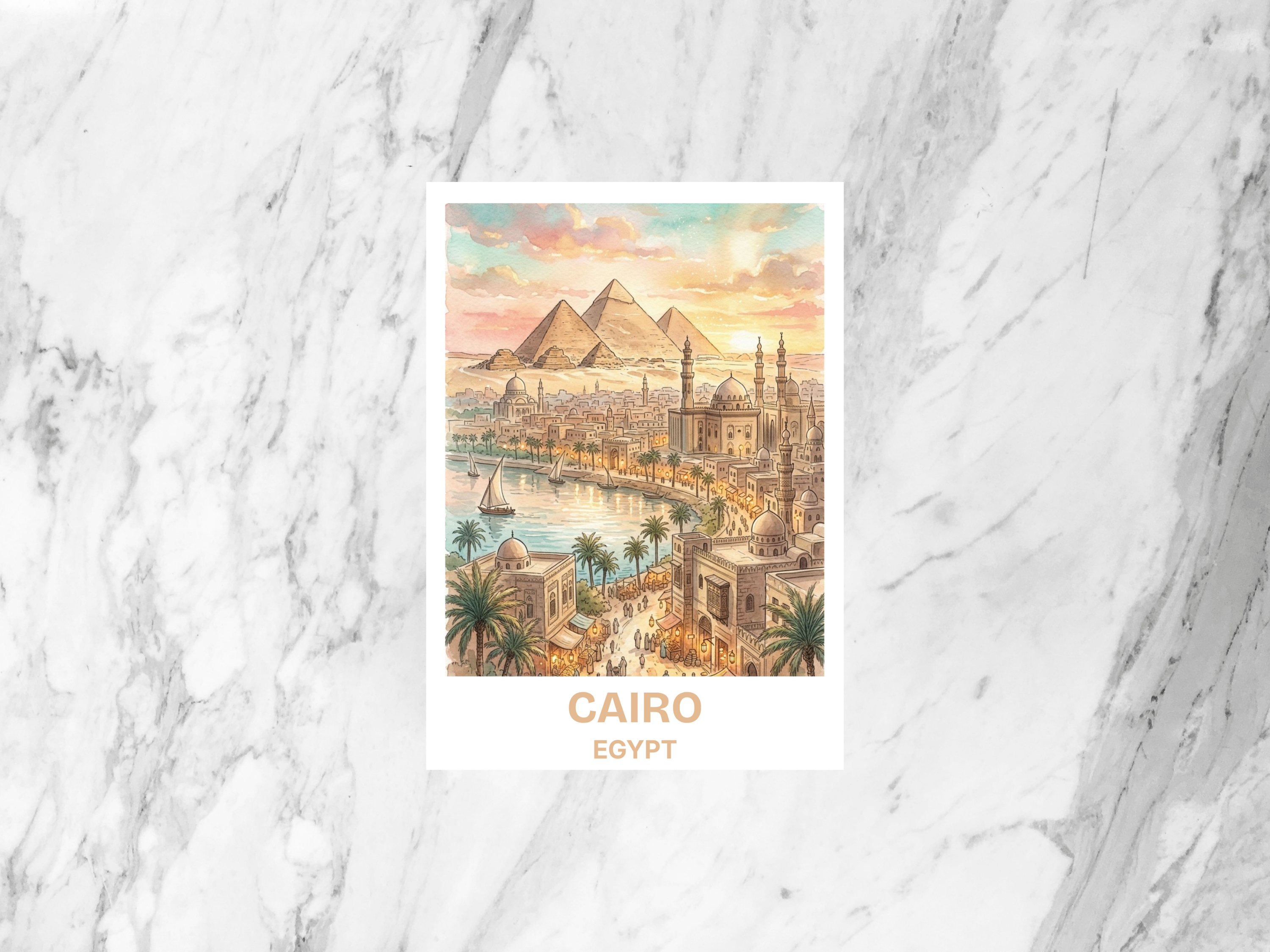 Cairo Egypt Matte Watercolor Postcard Pyramids Travel Art Ancient Wonder Souvenir Card Vacation Gift Decor Colorful Junk Journal Supplies