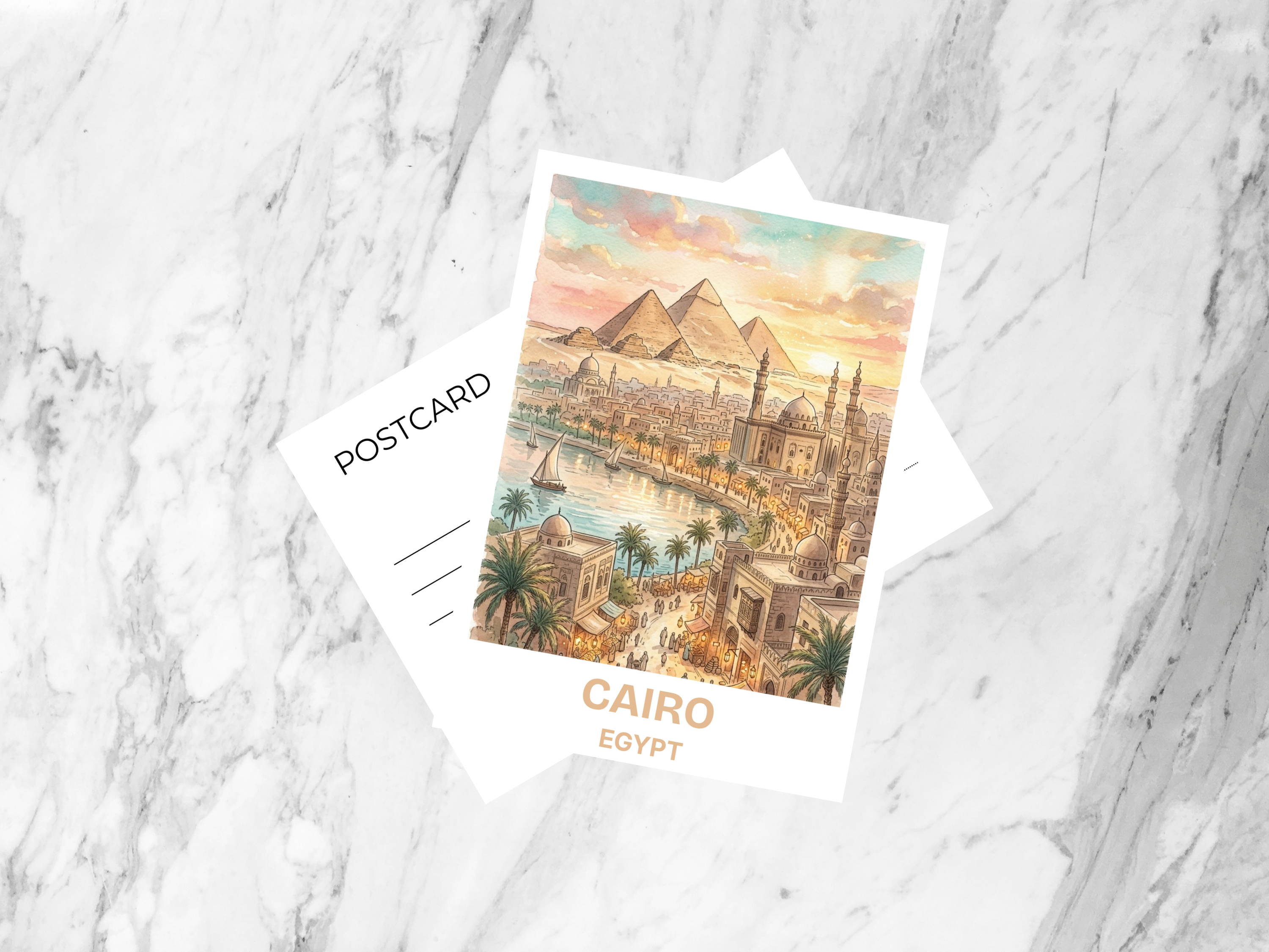 Cairo Egypt Matte Watercolor Postcard Pyramids Travel Art Ancient Wonder Souvenir Card Vacation Gift Decor Colorful Junk Journal Supplies