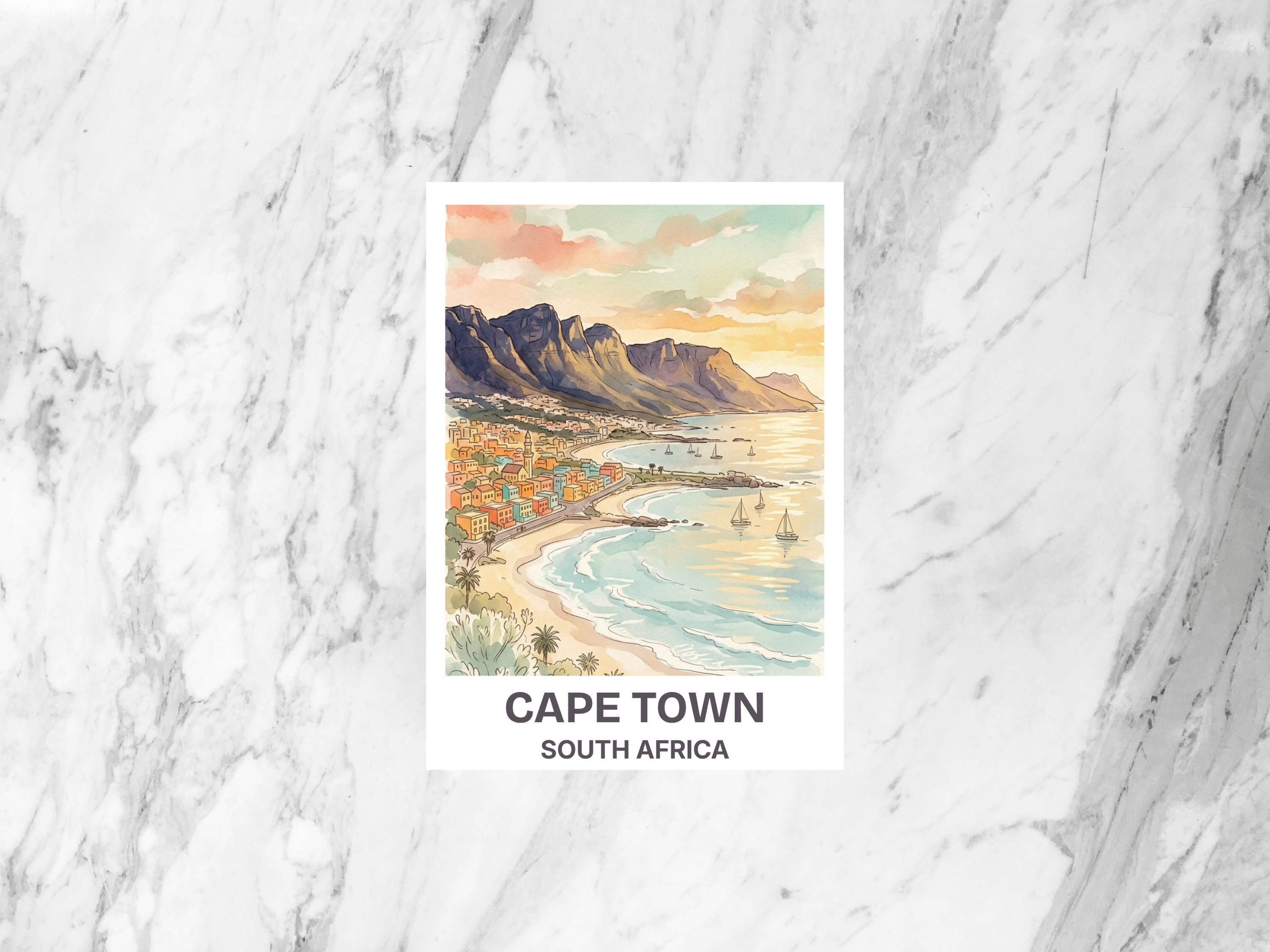 Cape Town South Africa Watercolor Postcard Table Mountain Travel Art Coastal Souvenir Card Vacation Gift Decor Cute Office Wall Photo