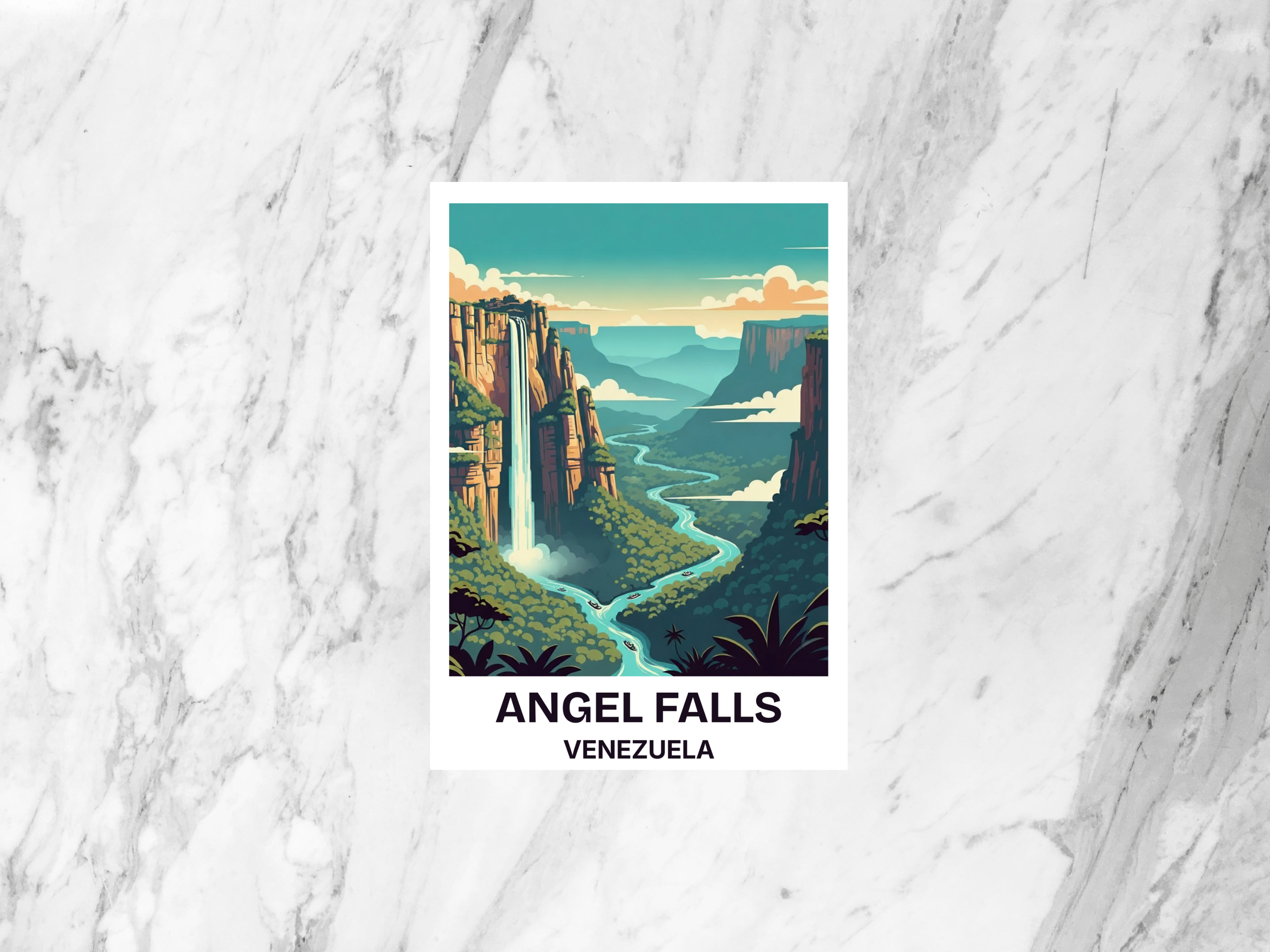 Angel Falls Venezuela Travel Postcard Retro Mid Century Poster Waterfall Adventure Scenic Illustration Art Card