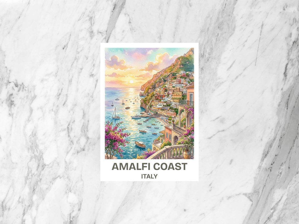 Watercolor Amalfi Coast Travel Postcard Italy Coastal Artwork Mediterranean Vacation Souvenir Gift Seaside Village Photo Art