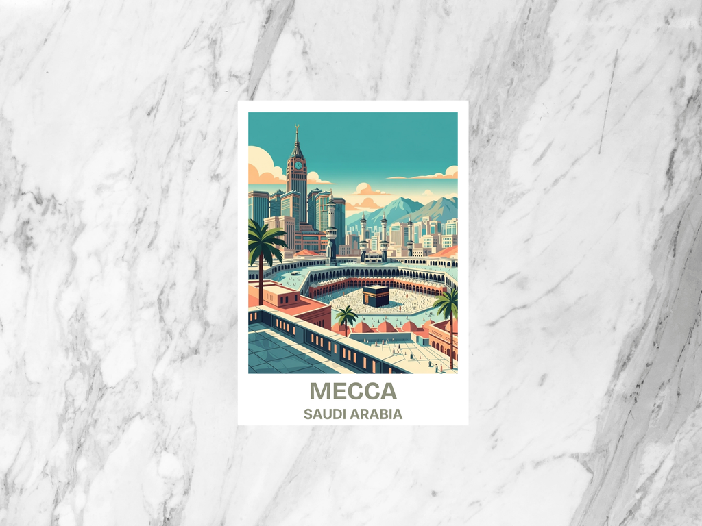 Mecca Travel Postcard Retro Vintage Travel Poster Mid Century Hajj Umrah Scenic Illustration Islamic Art Tourism Card