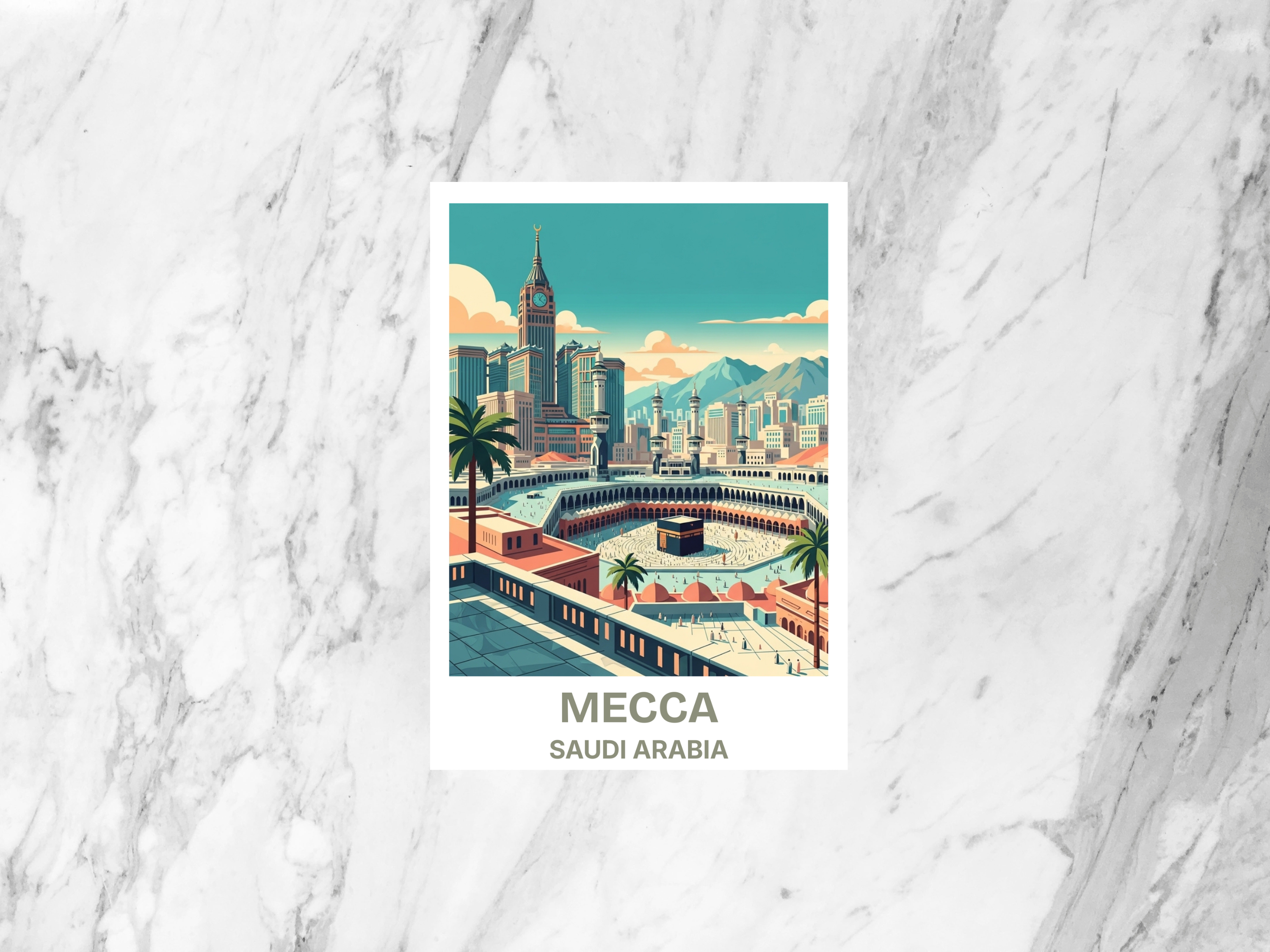Mecca Travel Postcard Retro Vintage Travel Poster Mid Century Hajj Umrah Scenic Illustration Islamic Art Tourism Card