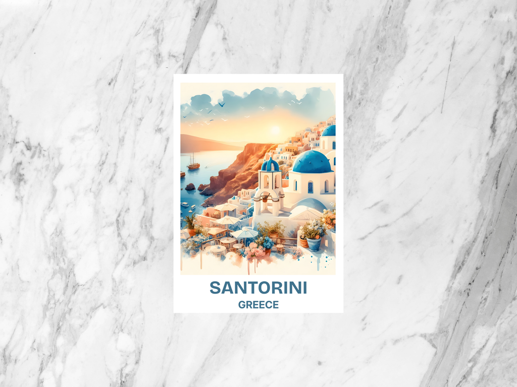 Santorini Greece Watercolor Travel Postcard Europe Summer Vacation Travel Diary Keepsake Blank Holiday Postcard Cute Postcard Design
