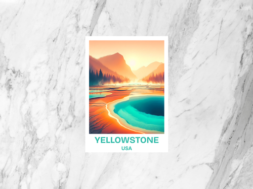 Yellowstone USA poster with a colorful landscape on a marble background