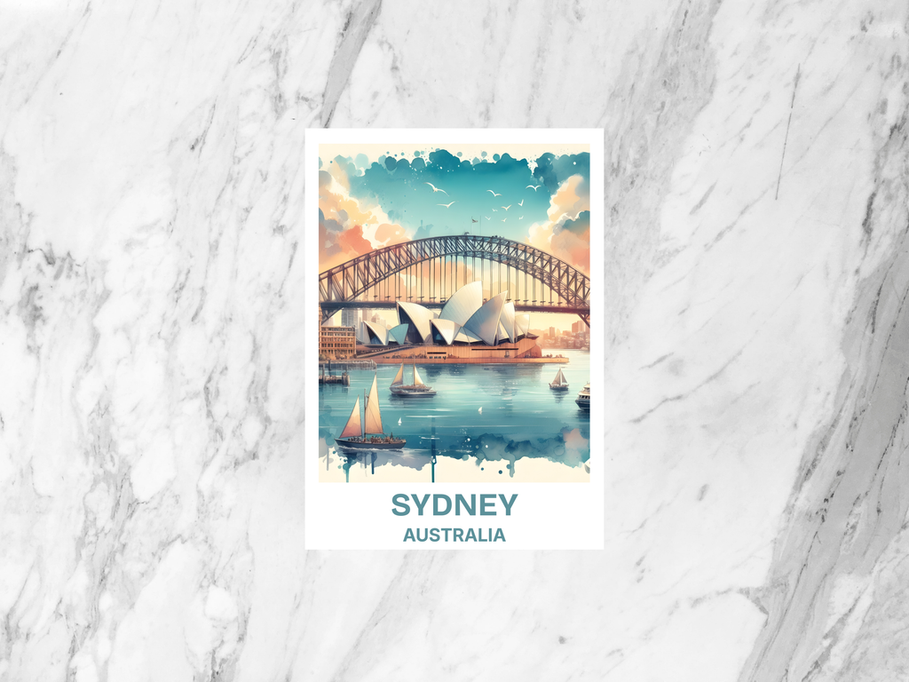 Sydney Watercolor Postcard Harbour Bridge & Opera House Art Australia Travel Souvenir Sydney Skyline Art Print Travel Gift