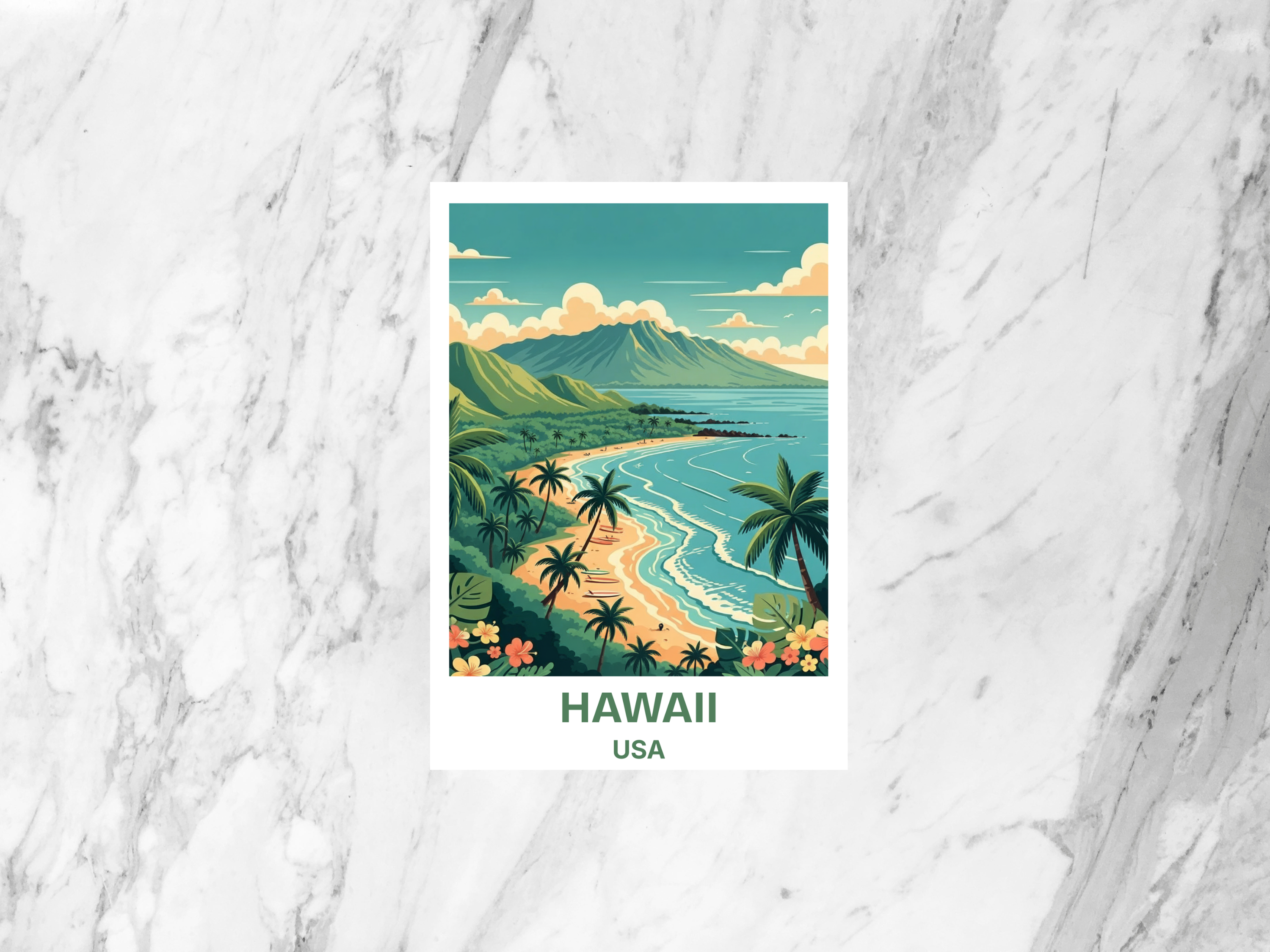 Hawaii Retro Travel Poster Postcard Mid Century Tropical Beach Illustration Vintage Hawaii Tourism Art Card for Travel Collectors