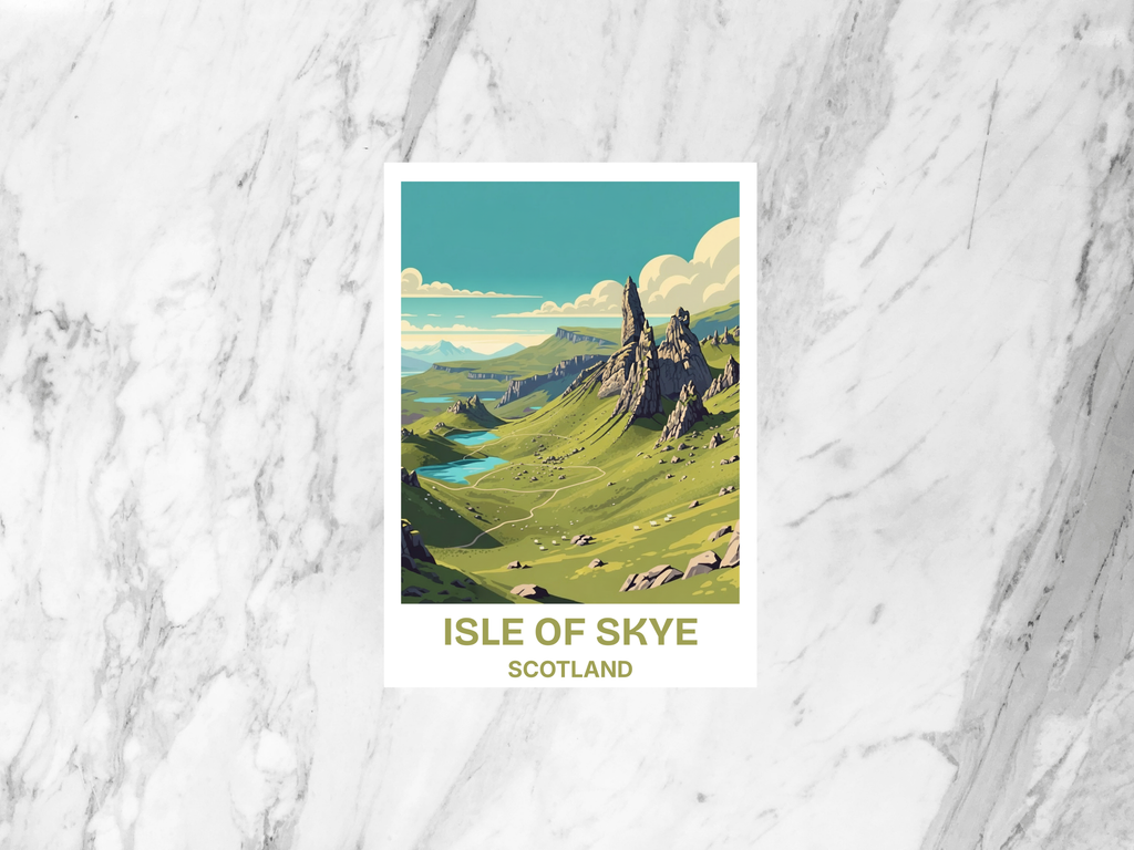 Isle of Skye Postcard Retro Travel Poster Scotland Mid Century Vintage Scenic Mountains and Coast Illustration Tourism Art Card