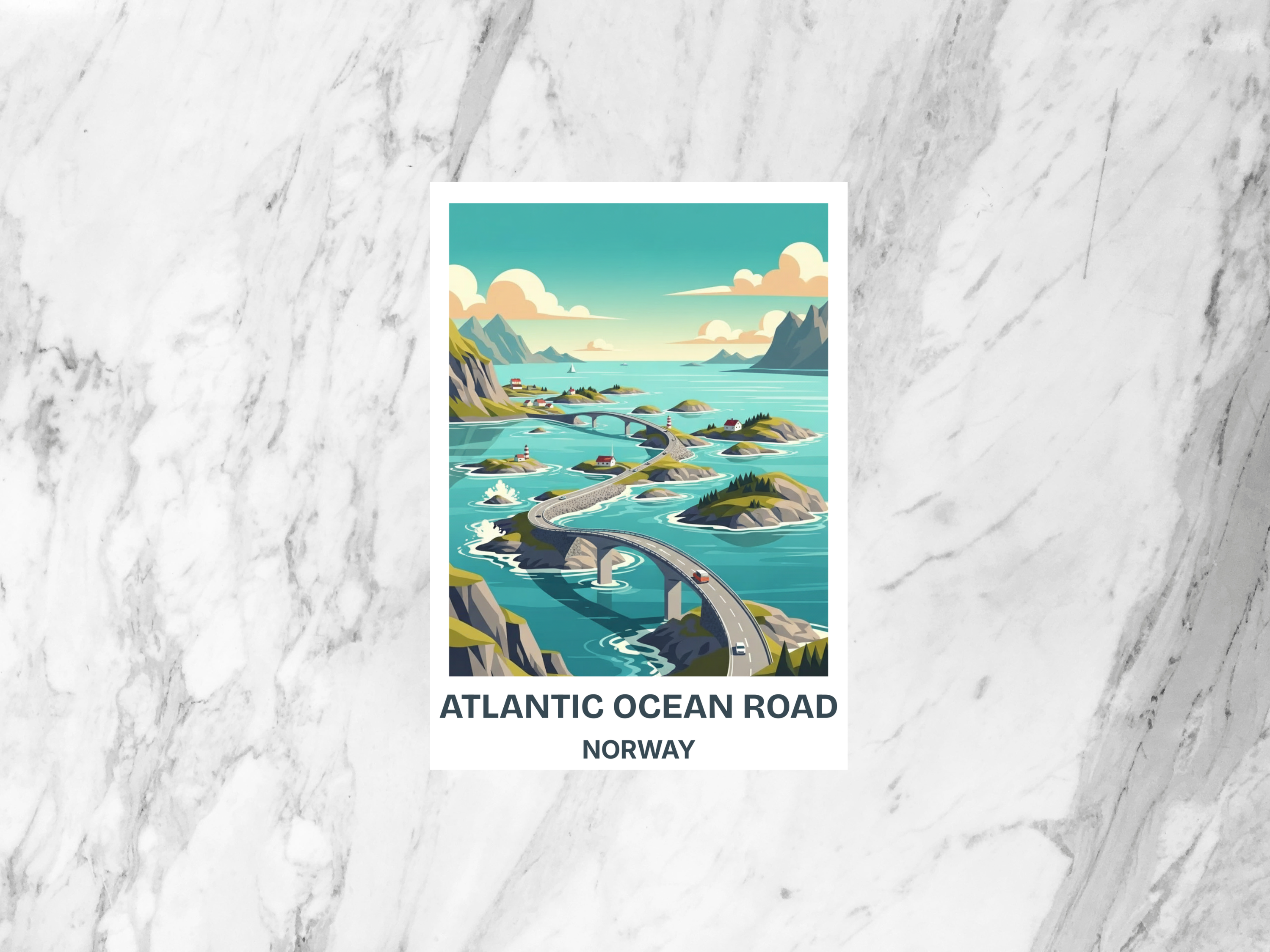 Atlantic Ocean Road Postcard Retro Travel Poster Norway Mid Century Vintage Scenic Ocean Road Illustration Tourism Art Card