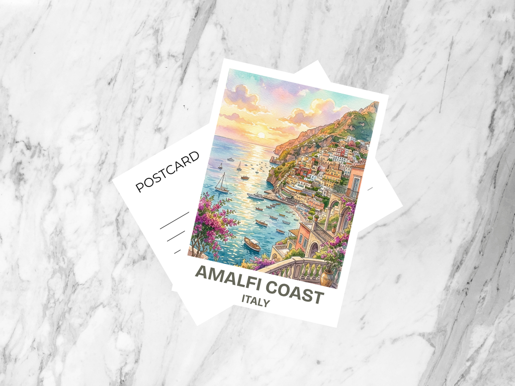 Watercolor Amalfi Coast Travel Postcard Italy Coastal Artwork Mediterranean Vacation Souvenir Gift Seaside Village Photo Art