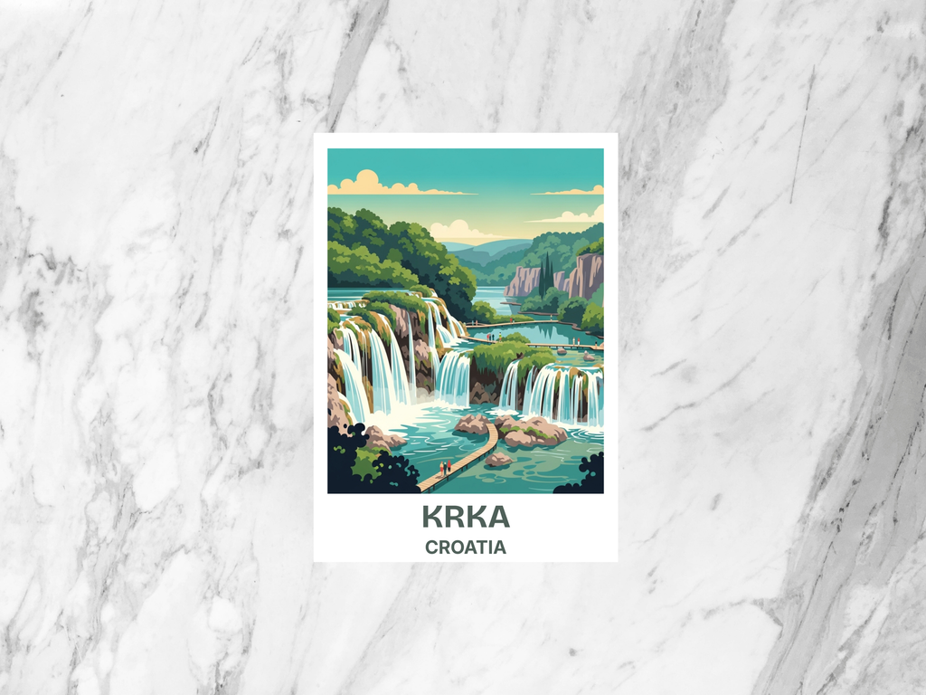 Krka Adventure Travel Postcard Retro Vintage Travel Poster Mid Century Waterfalls Scenic Illustration Croatia Art Card