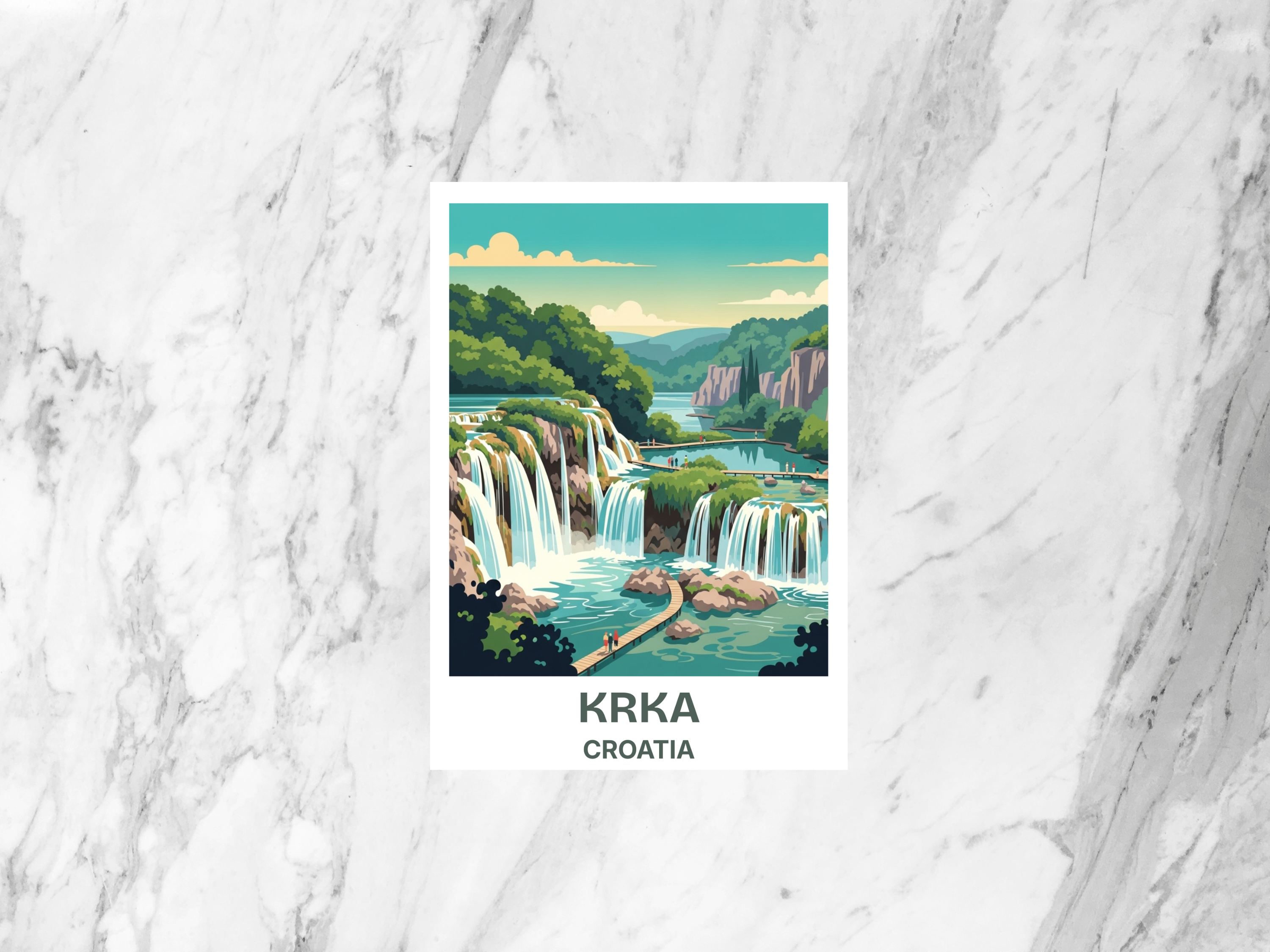Krka Adventure Travel Postcard Retro Vintage Travel Poster Mid Century Waterfalls Scenic Illustration Croatia Art Card