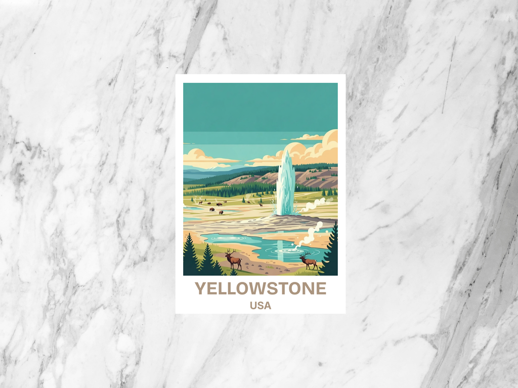 Yellowstone National Park Postcard Retro Travel Poster USA Mid Century Vintage Scenic Geysers and Mountains Illustration Art Card