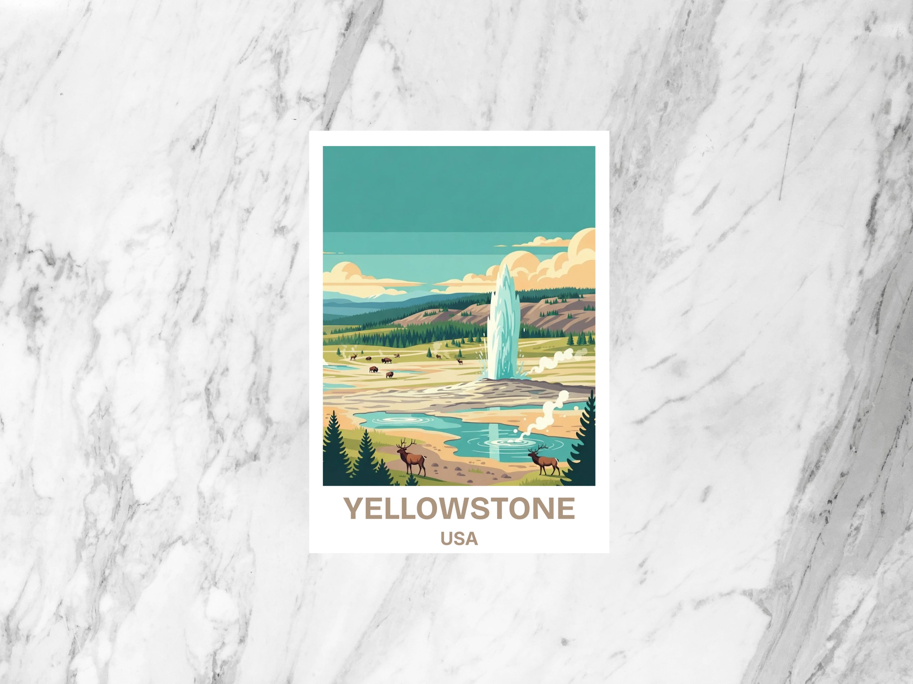 Yellowstone National Park Postcard Retro Travel Poster USA Mid Century Vintage Scenic Geysers and Mountains Illustration Art Card