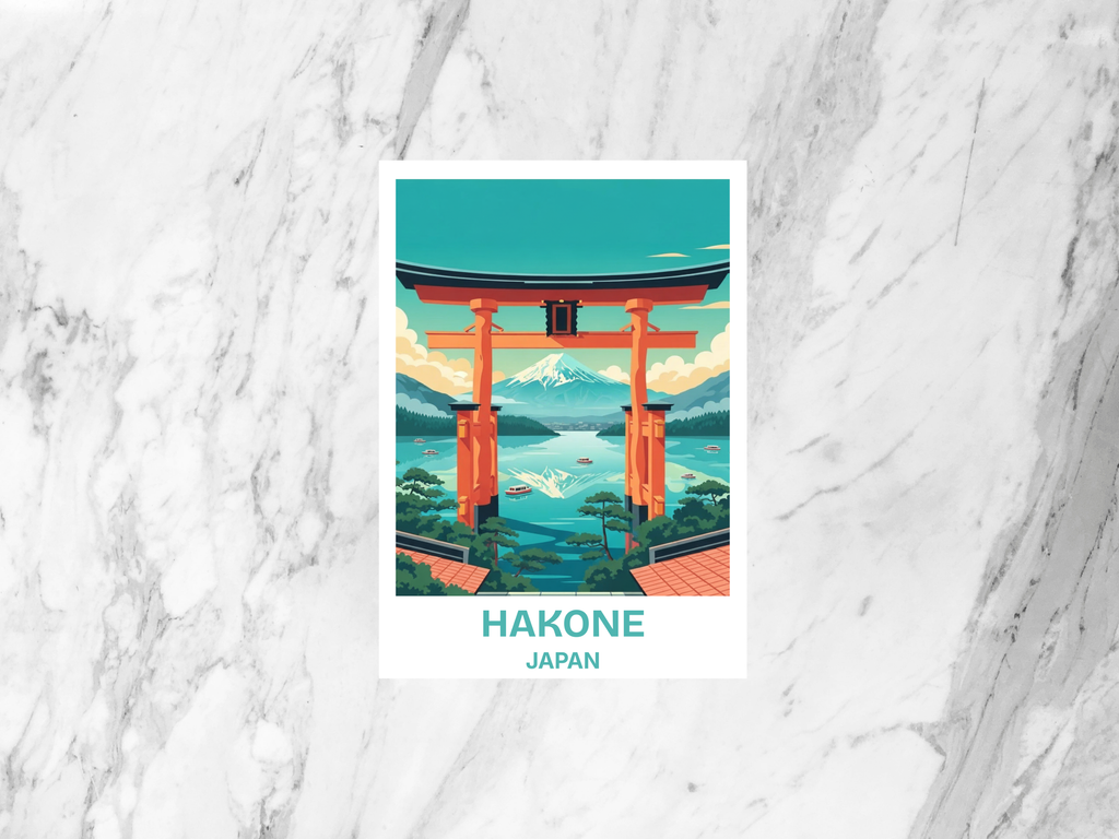 Hakone Adventure Travel Postcard Retro Vintage Travel Poster Mid Century Scenic Lake Ashi Illustration Japan Art Card