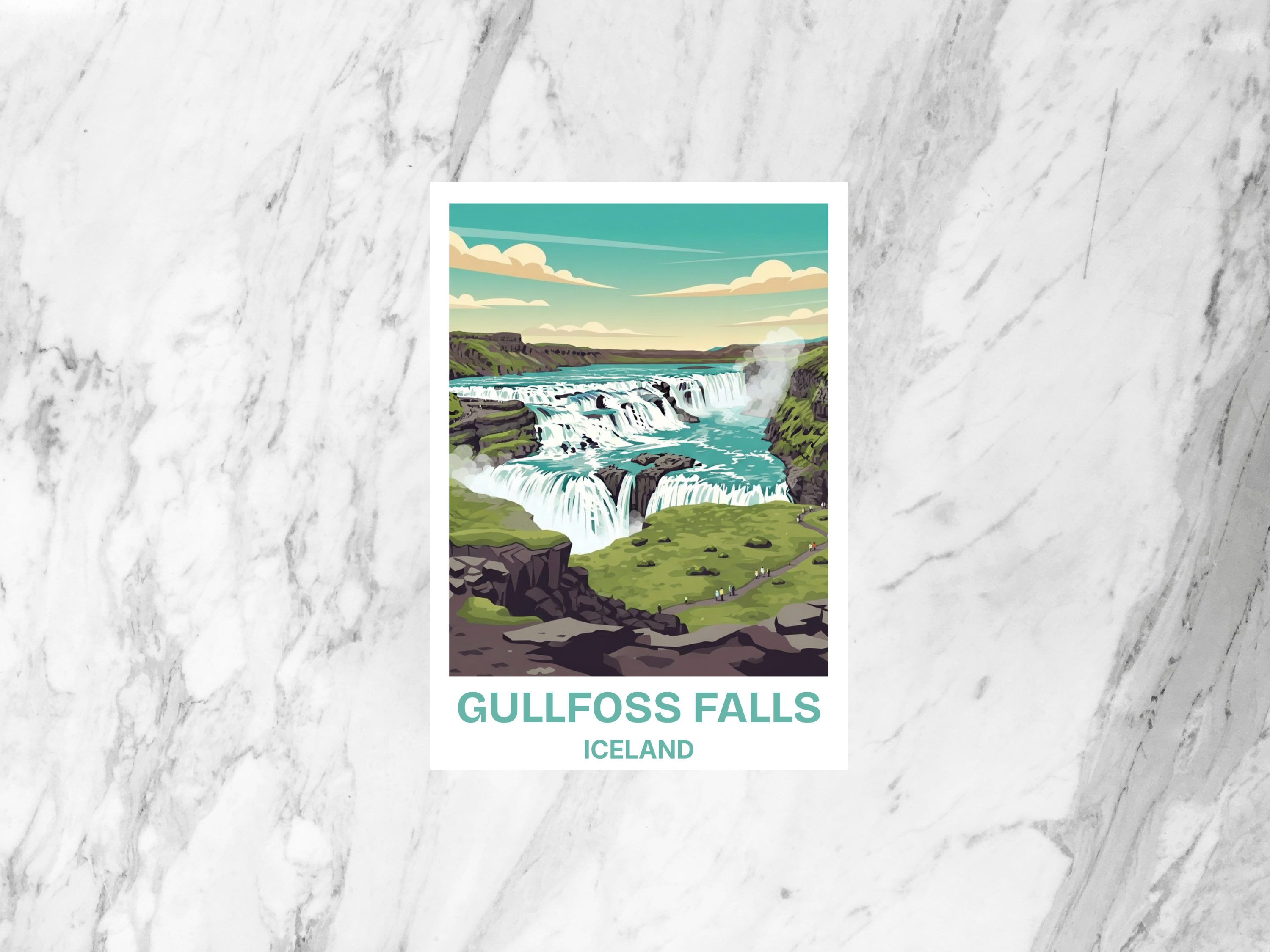 Gullfoss Falls Postcard Retro Travel Poster Iceland Mid Century Vintage Waterfall Scenic Illustration Tourism Art Card