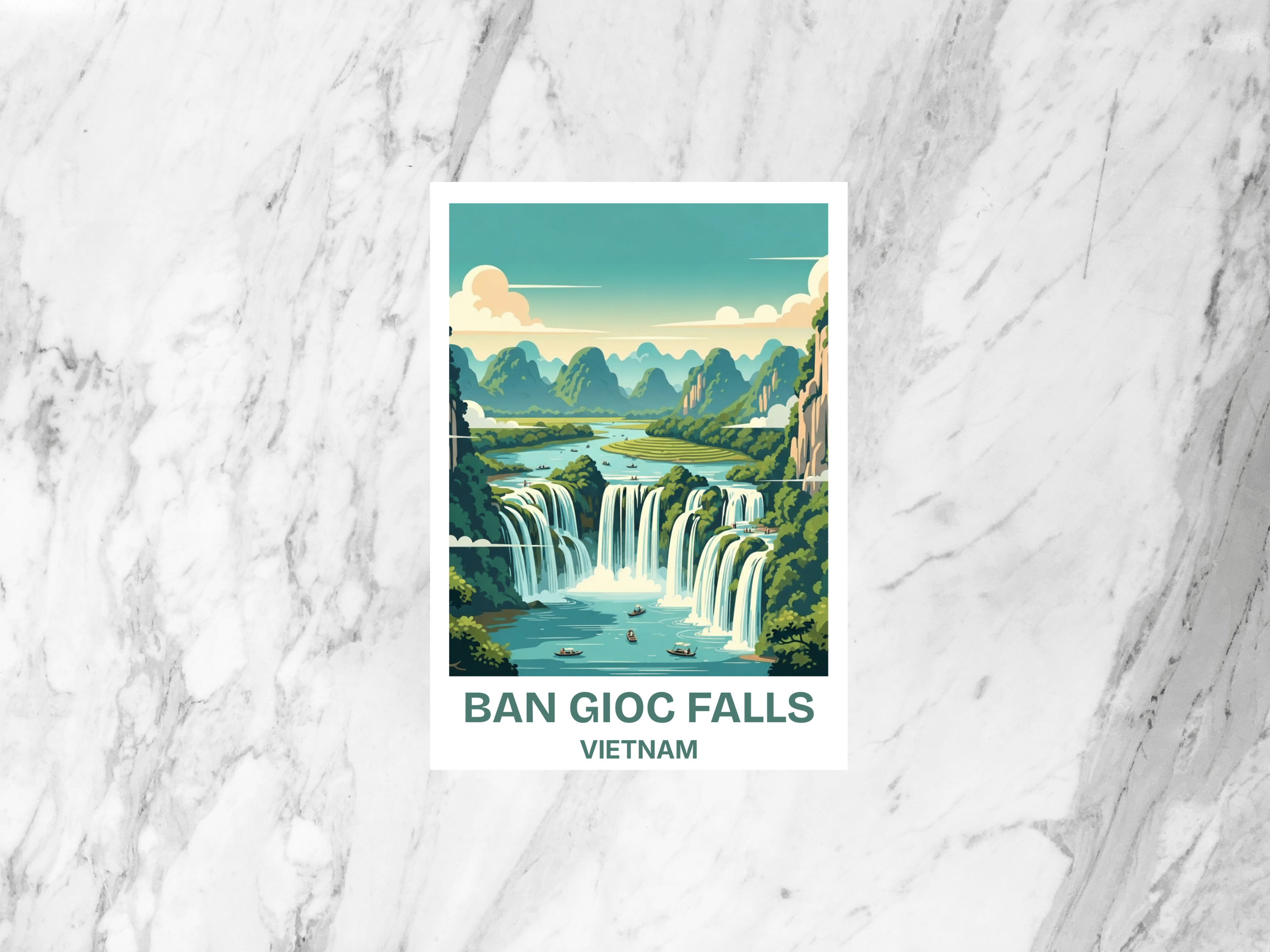 Ban Gioc Waterfalls Postcard Retro Travel Poster Vietnam Mid Century Vintage Scenic Waterfall Illustration Tourism Art Card
