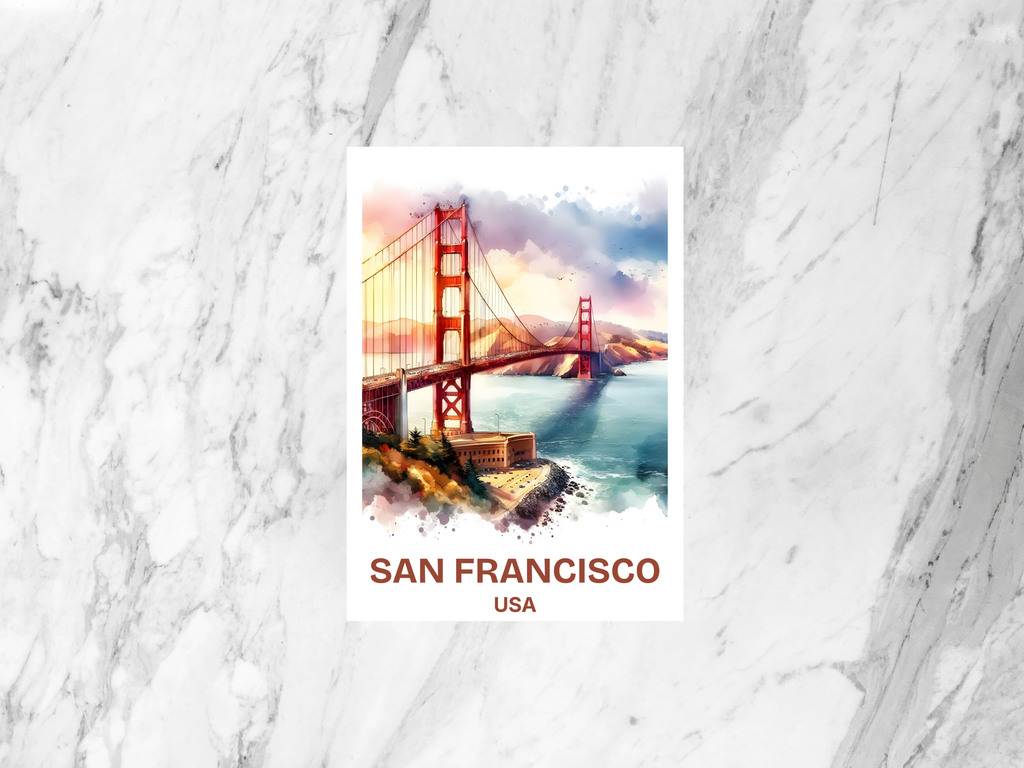 San Francisco Watercolor Postcard Golden Gate Bridge Travel Souvenir Scenic California Travel Keepsake USA Cityscape Gift Idea