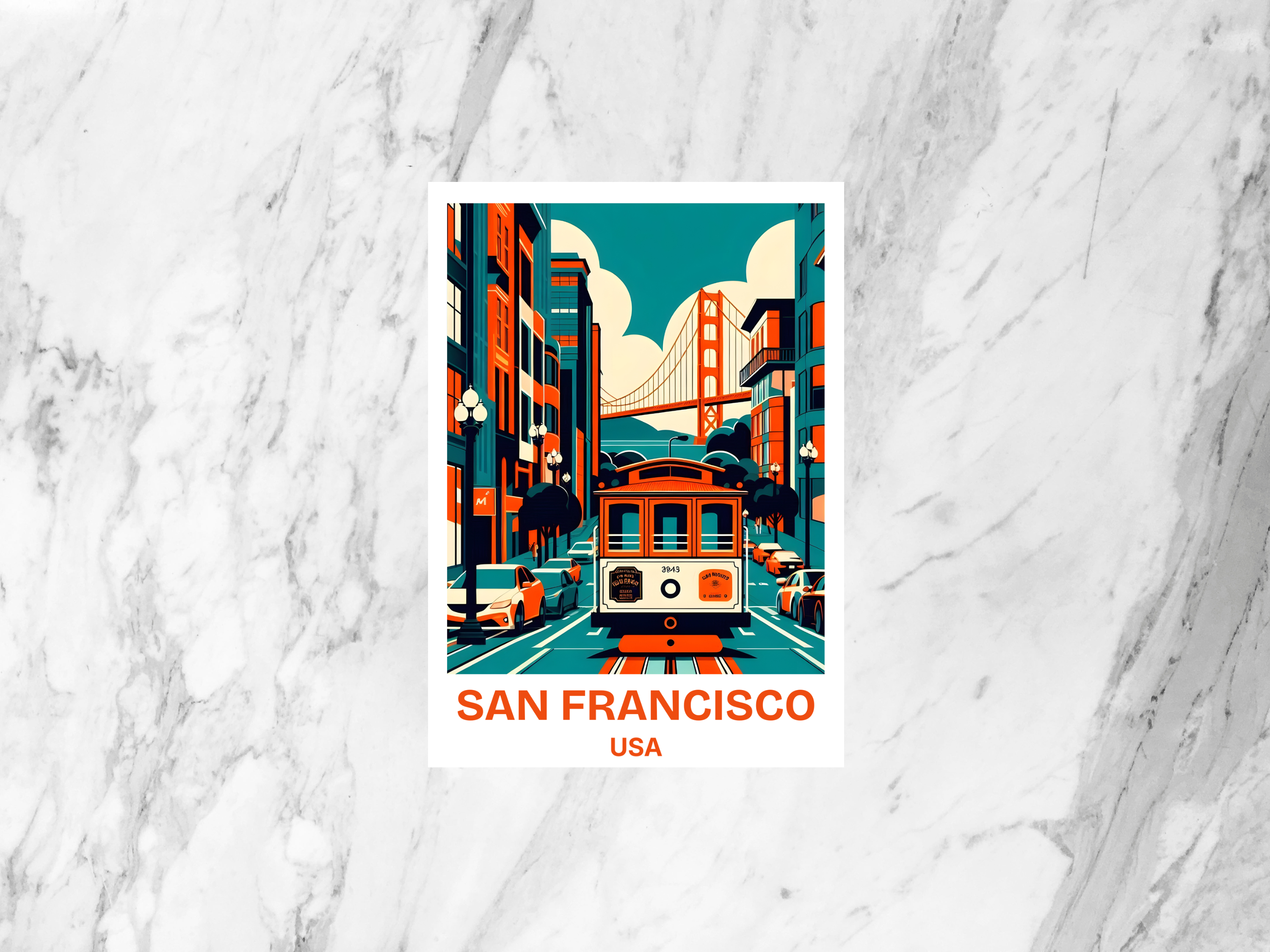San Francisco Landmark Postcard Cable Car & Golden Gate Bridge California Travel Keepsake SF Skyline Souvenir Cable Car Illustration