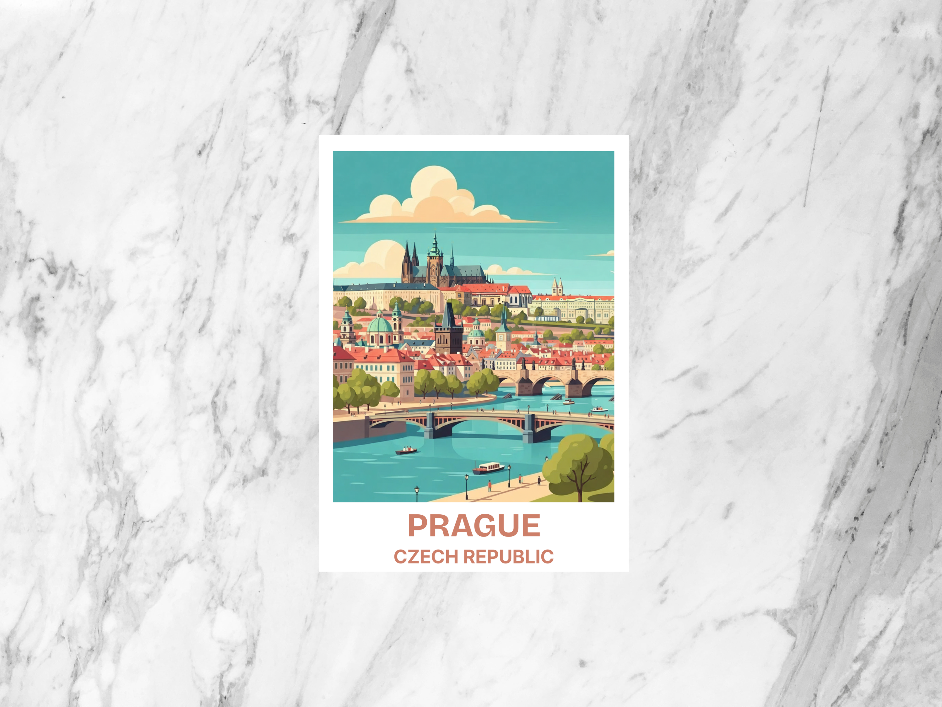 Prague Retro Travel Poster Postcard Mid Century Illustration Prague Czech Republic Vintage Tourism Art Card for Travel Collectors