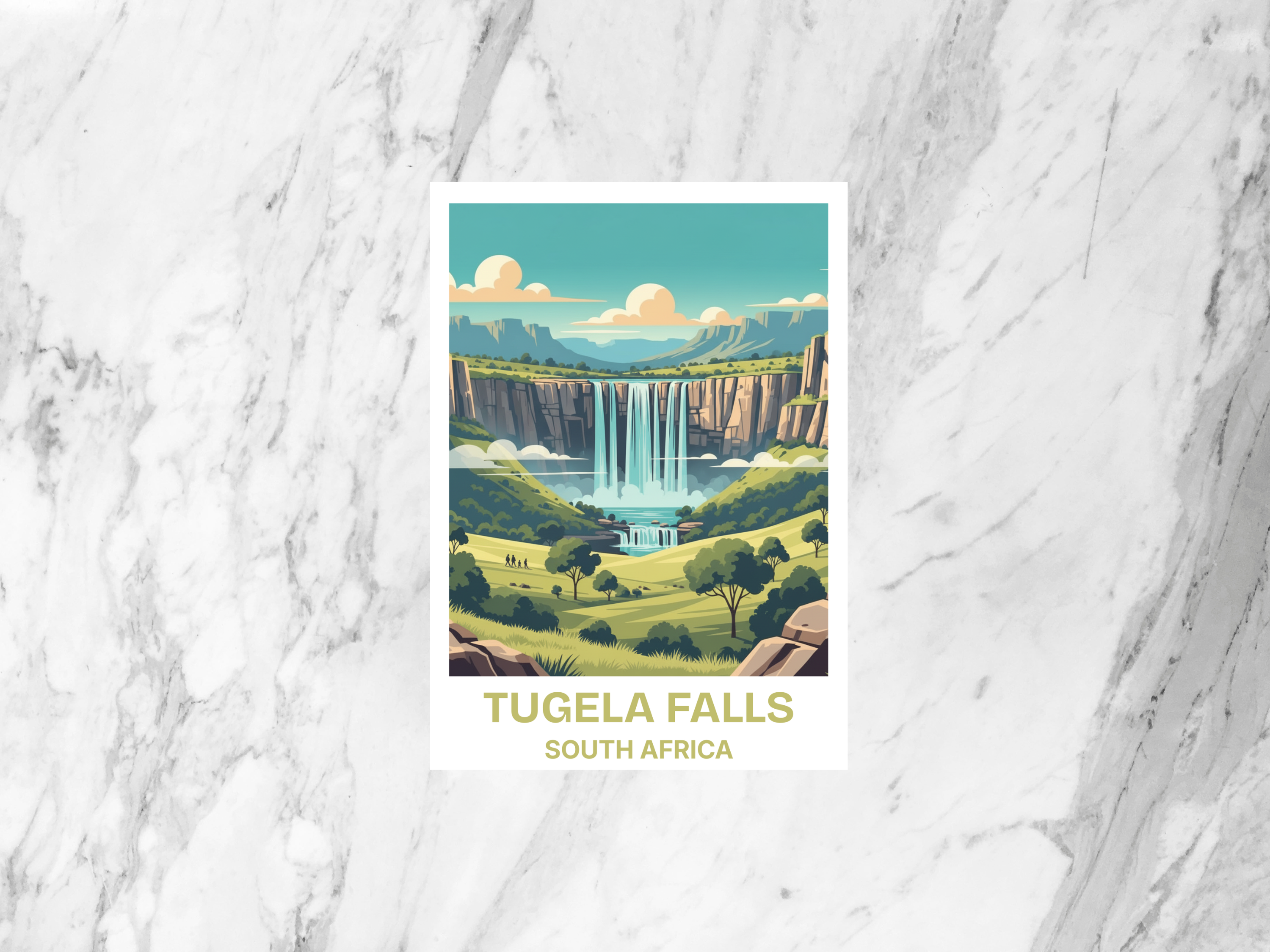 Tugela Falls South Africa Travel Postcard Retro Vintage Travel Poster Mid Century Waterfall Scenic Illustration Tourism Art Card