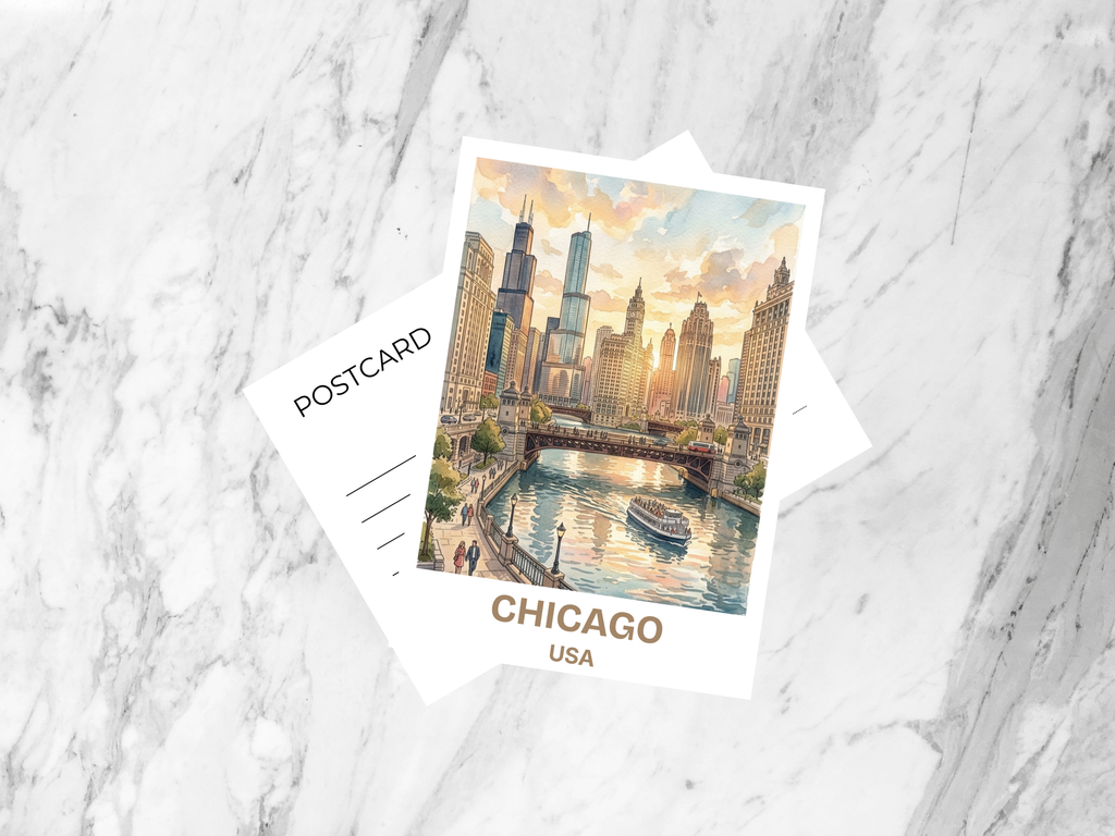 Chicago Illinois Blank Book Postcard Watercolor Skyline Illustration American Travel Souvenir Urban Art Print Card Cute Glossy Bookmark