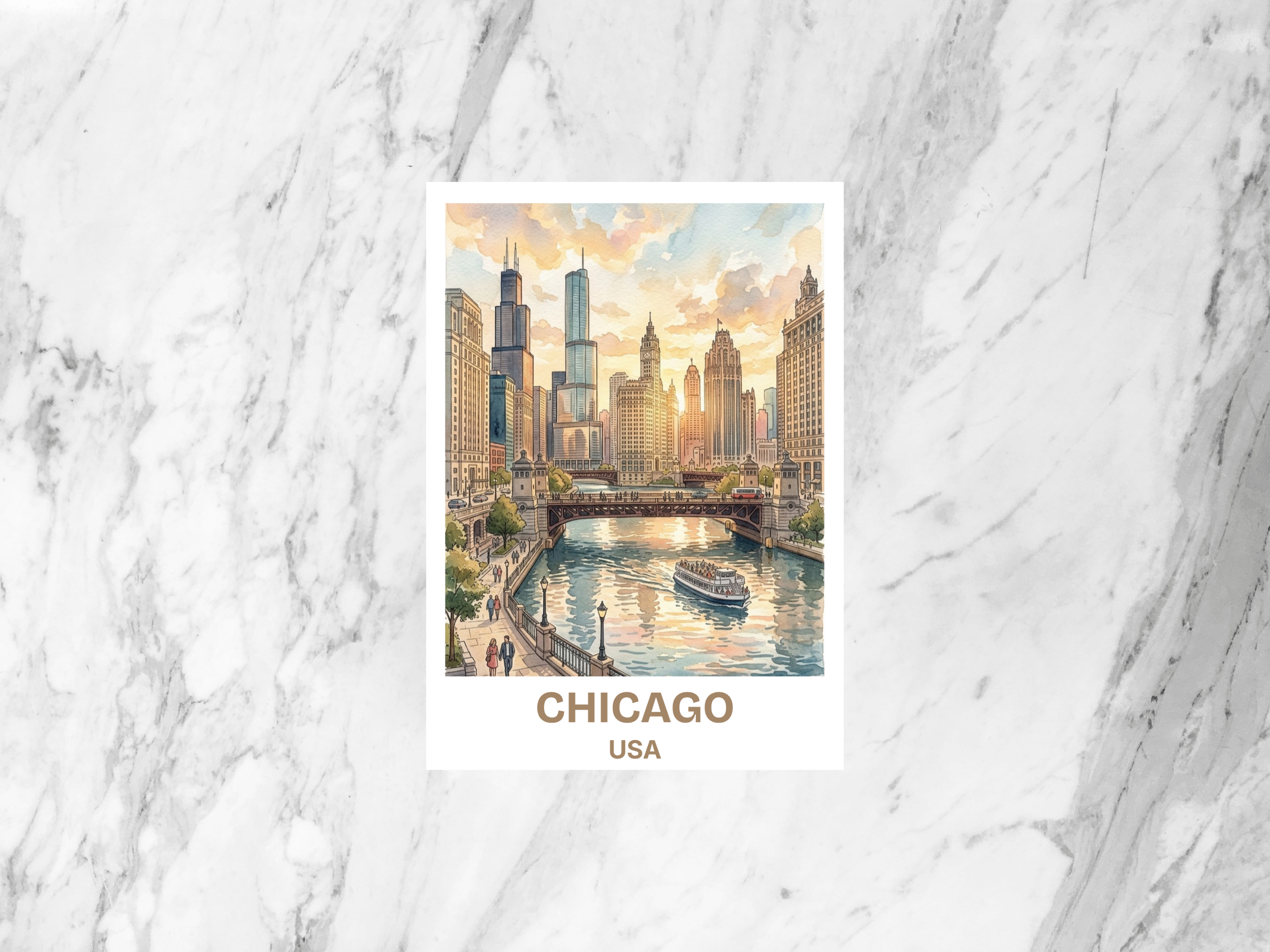 Chicago Illinois Blank Book Postcard Watercolor Skyline Illustration American Travel Souvenir Urban Art Print Card Cute Glossy Bookmark