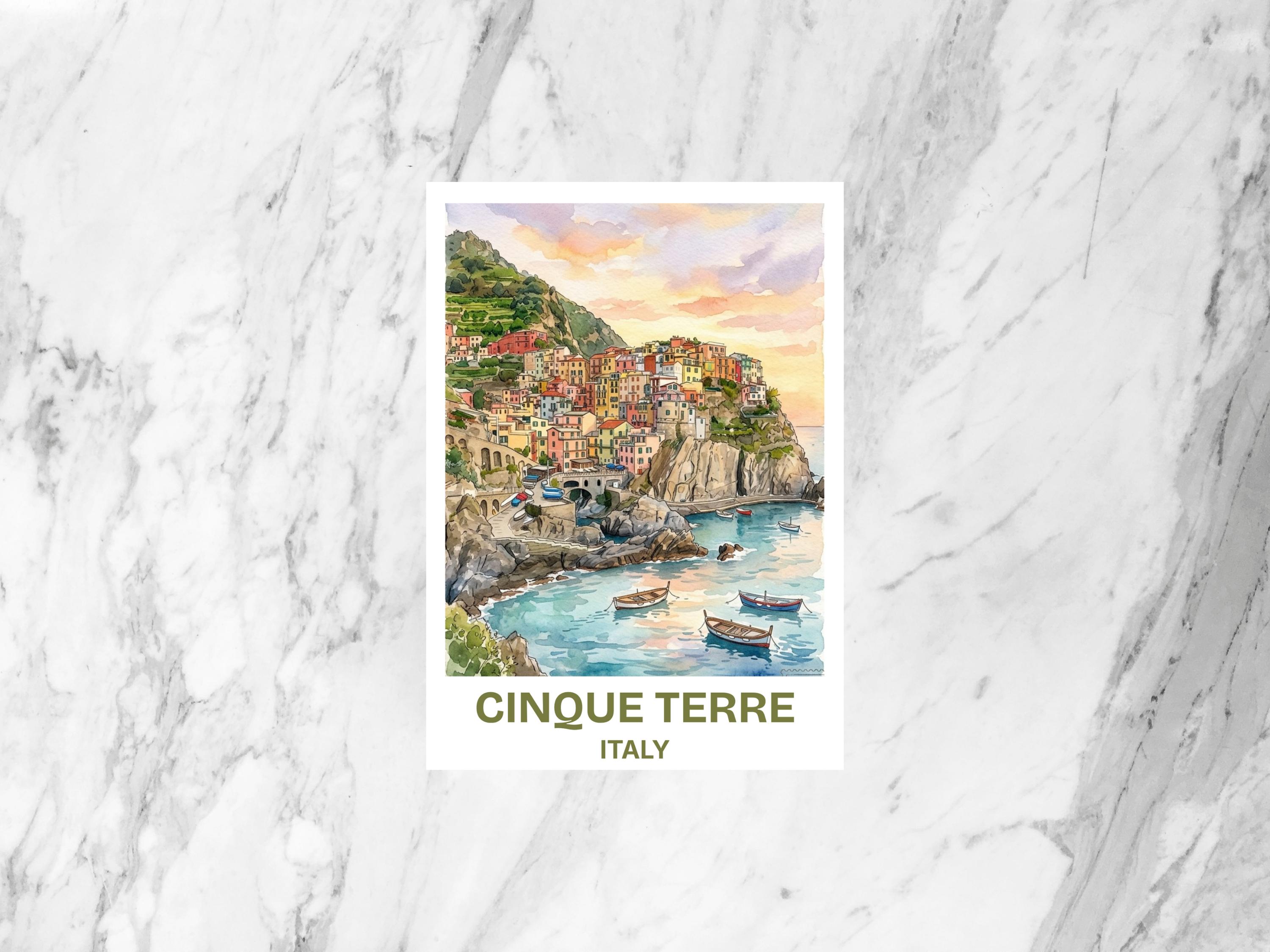 Cinque Terre Italy Watercolor Postcard Coastal Village Travel Art Italian Riviera Souvenir Card Vacation Gift Cliffside Village Print