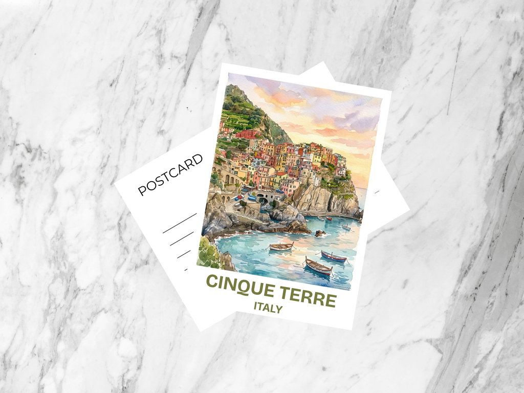 Cinque Terre Italy Watercolor Postcard Coastal Village Travel Art Italian Riviera Souvenir Card Vacation Gift Cliffside Village Print