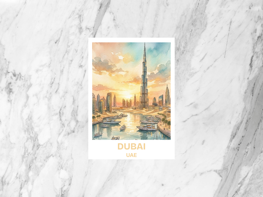 Dubai UAE Watercolor Postcard Burj Khalifa Travel Art Modern City Souvenir Card Middle East Vacation Gift Tallest Building Bookmark Print