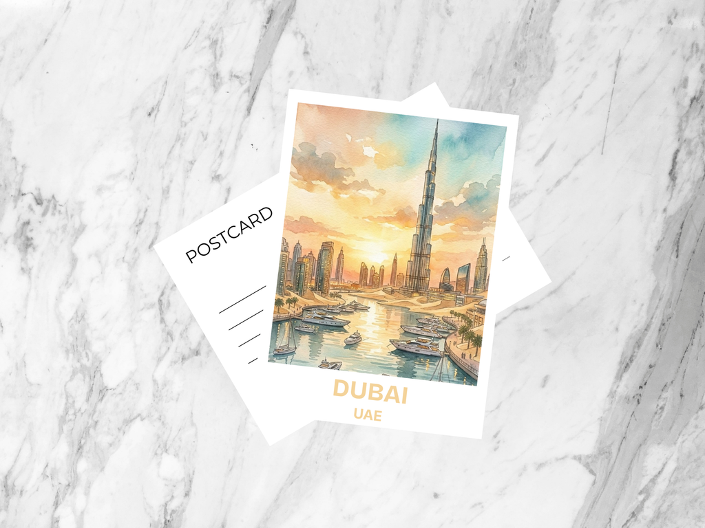 Dubai UAE Watercolor Postcard Burj Khalifa Travel Art Modern City Souvenir Card Middle East Vacation Gift Tallest Building Bookmark Print