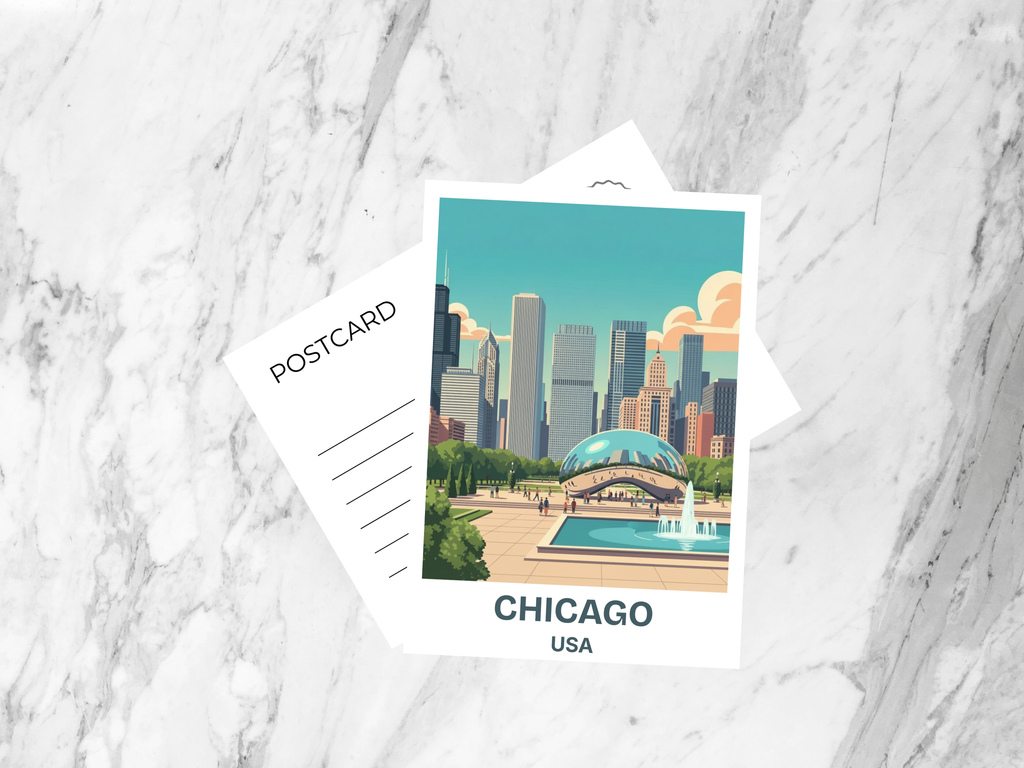 Chicago Travel Illustration Postcard Retro Mid Century Poster Style Chicago Skyline Vintage Tourism Art Card