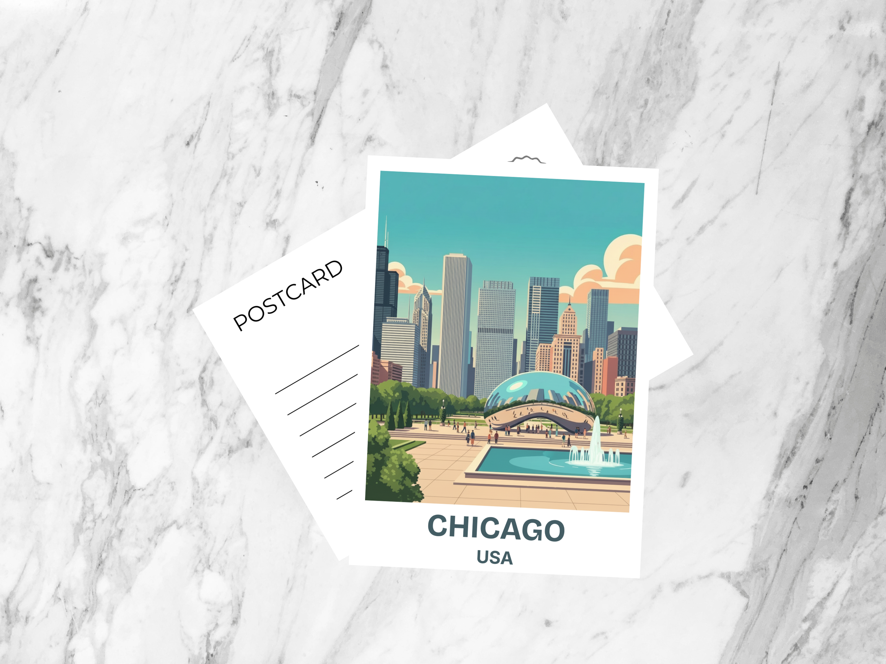 Chicago Travel Illustration Postcard Retro Mid Century Poster Style Chicago Skyline Vintage Tourism Art Card