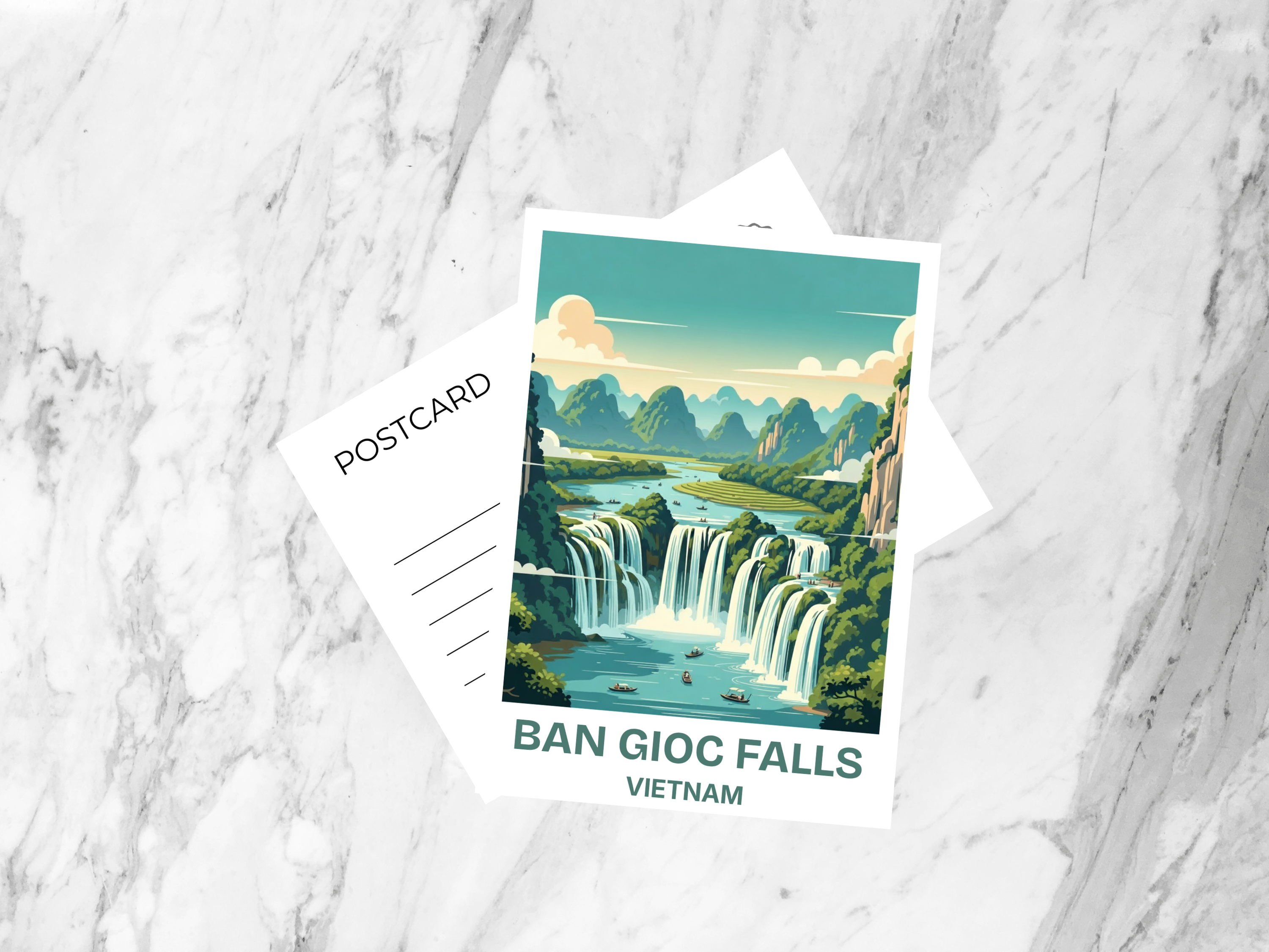 Ban Gioc Waterfalls Postcard Retro Travel Poster Vietnam Mid Century Vintage Scenic Waterfall Illustration Tourism Art Card