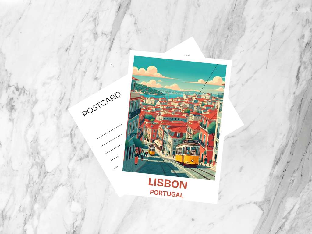 Lisbon Retro Travel Art Postcard Vintage Mid Century Travel Poster Portugal Scenic Illustration Tourism Art Card
