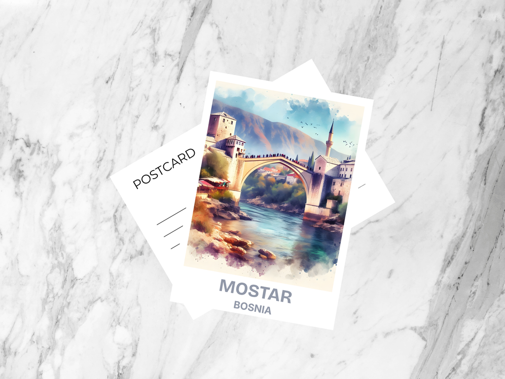 Mostar Bridge Watercolor Painting Postcard Bosnia Holiday Travel Postcard Europe Travel Diary Keepsake Blank Art Postcard Gift for Travelers