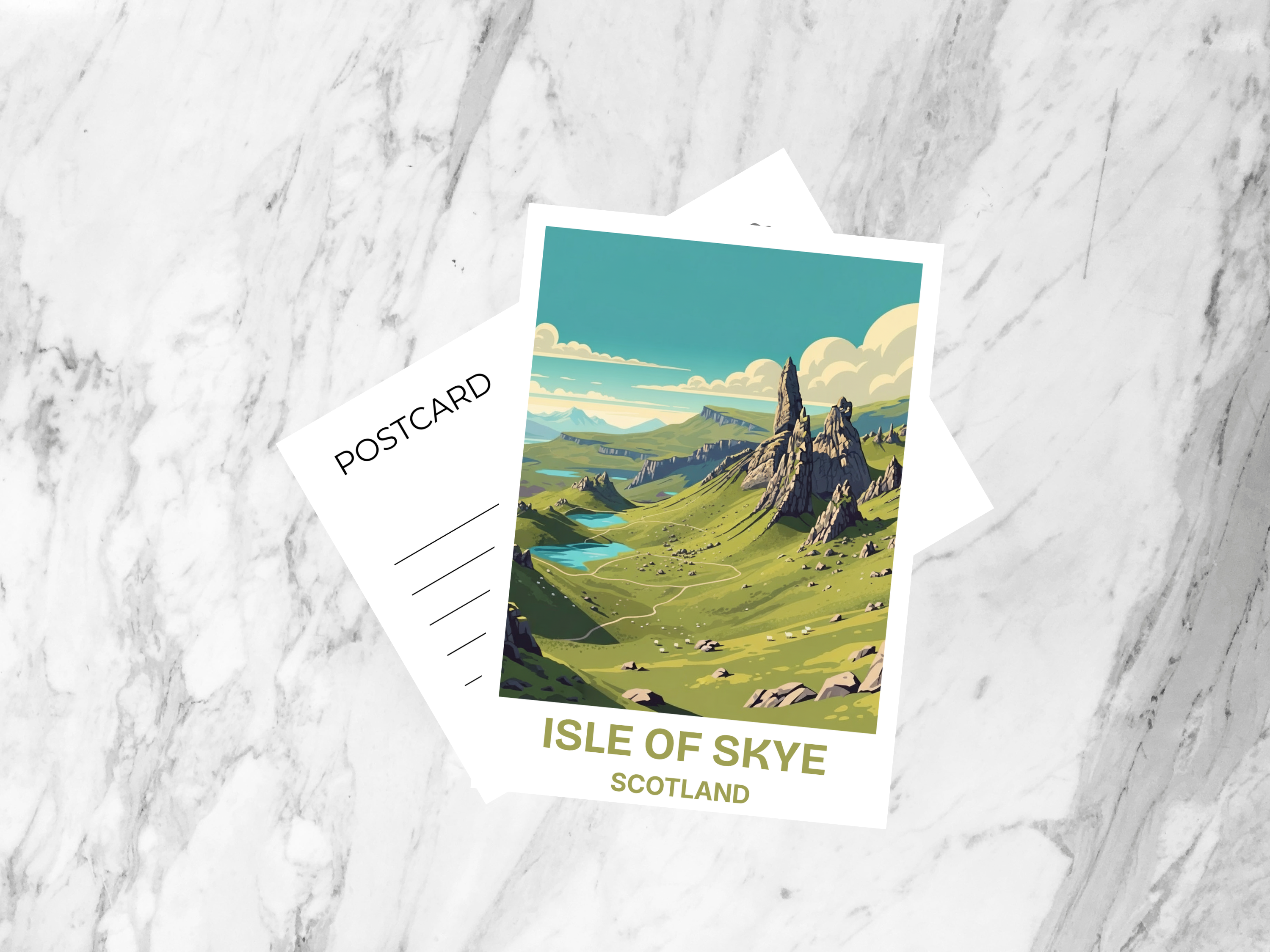 Isle of Skye Postcard Retro Travel Poster Scotland Mid Century Vintage Scenic Mountains and Coast Illustration Tourism Art Card