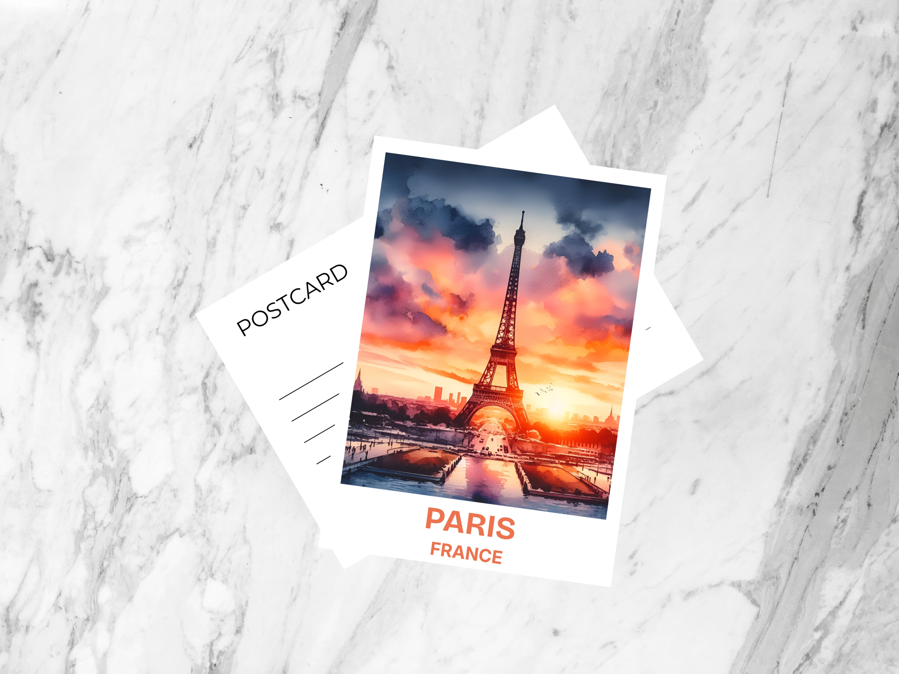 Paris Watercolor Postcard Eiffel Tower Romantic France Travel Souvenir France Skyline Cityscape Art Cute Sunset Europe Travel Keepsake