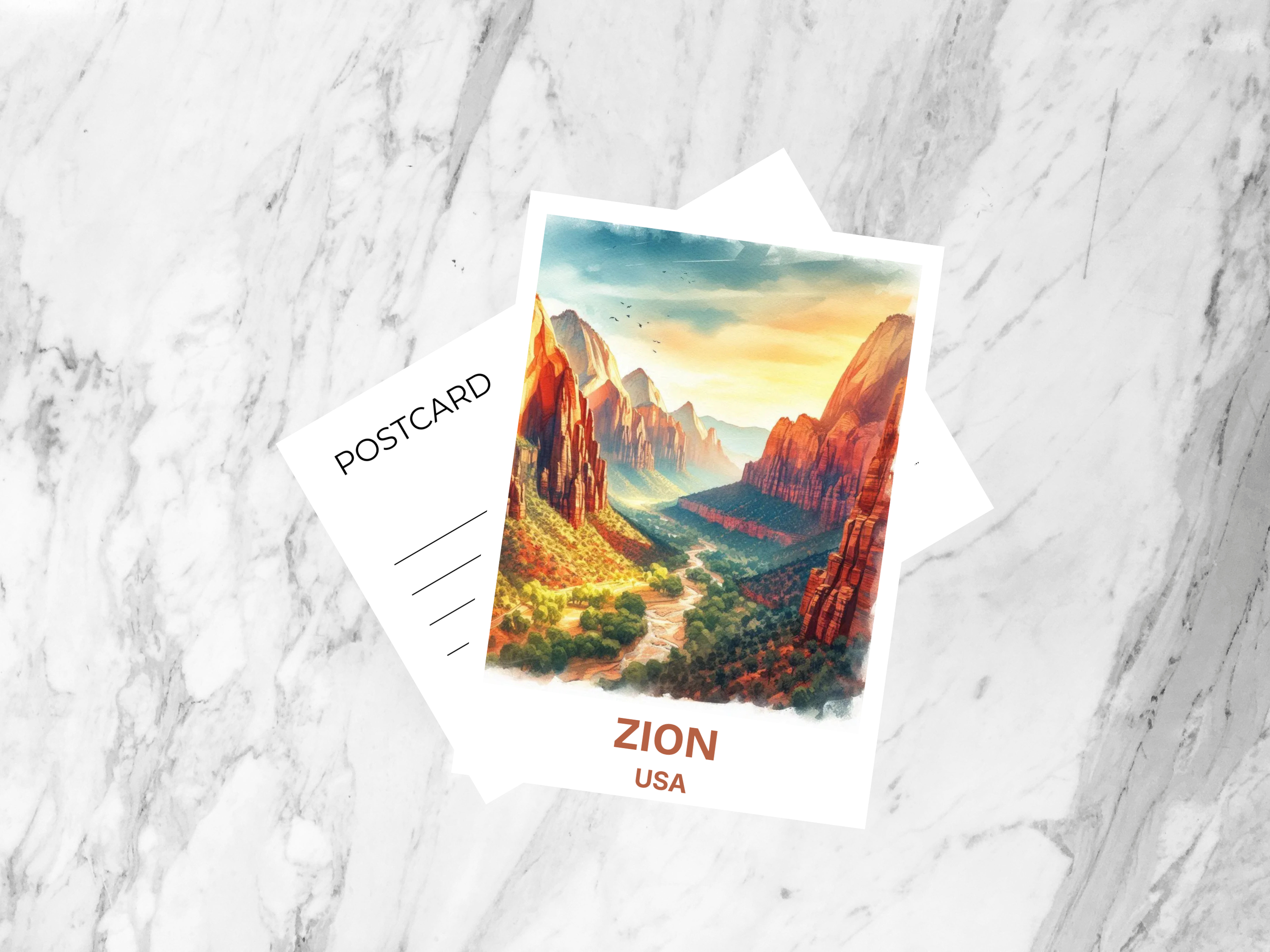 Postcard with Zion National Park scenery on a marble surface