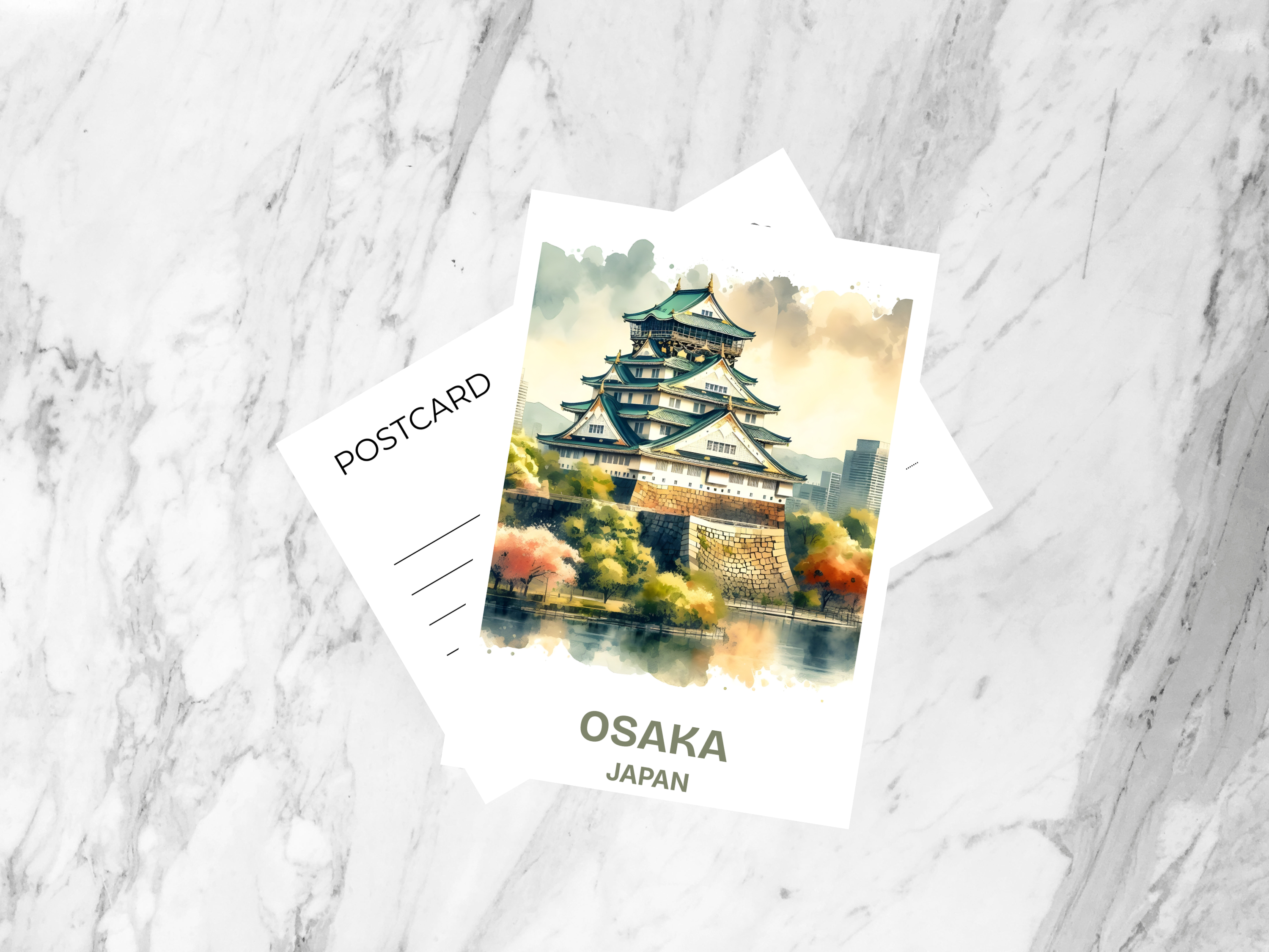 Osaka Watercolor Postcard Osaka Castle Japan Travel Souvenir Japanese Landmark Castle Illustration Handmade Gift for Japan Lover