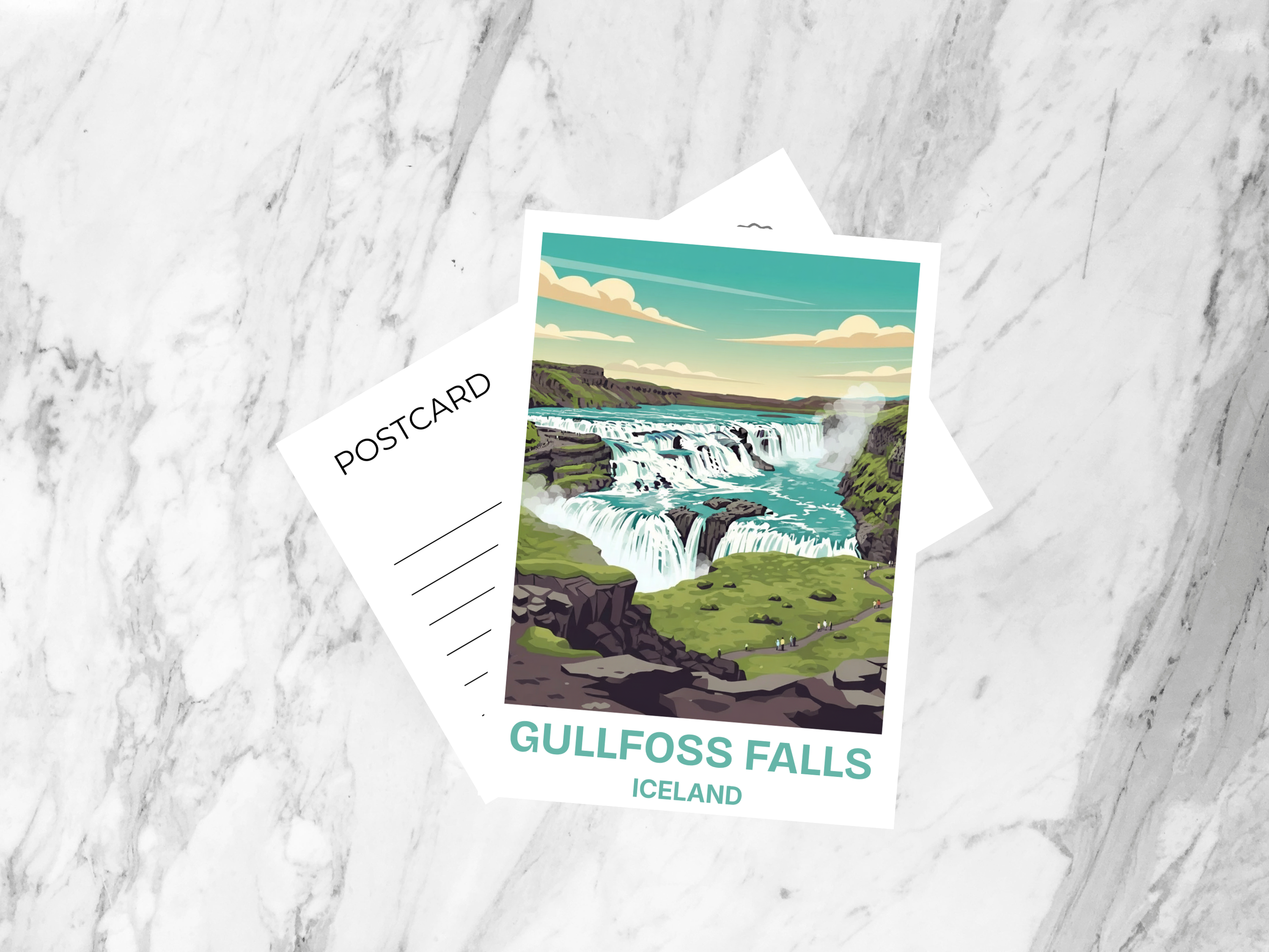 Gullfoss Falls Postcard Retro Travel Poster Iceland Mid Century Vintage Waterfall Scenic Illustration Tourism Art Card