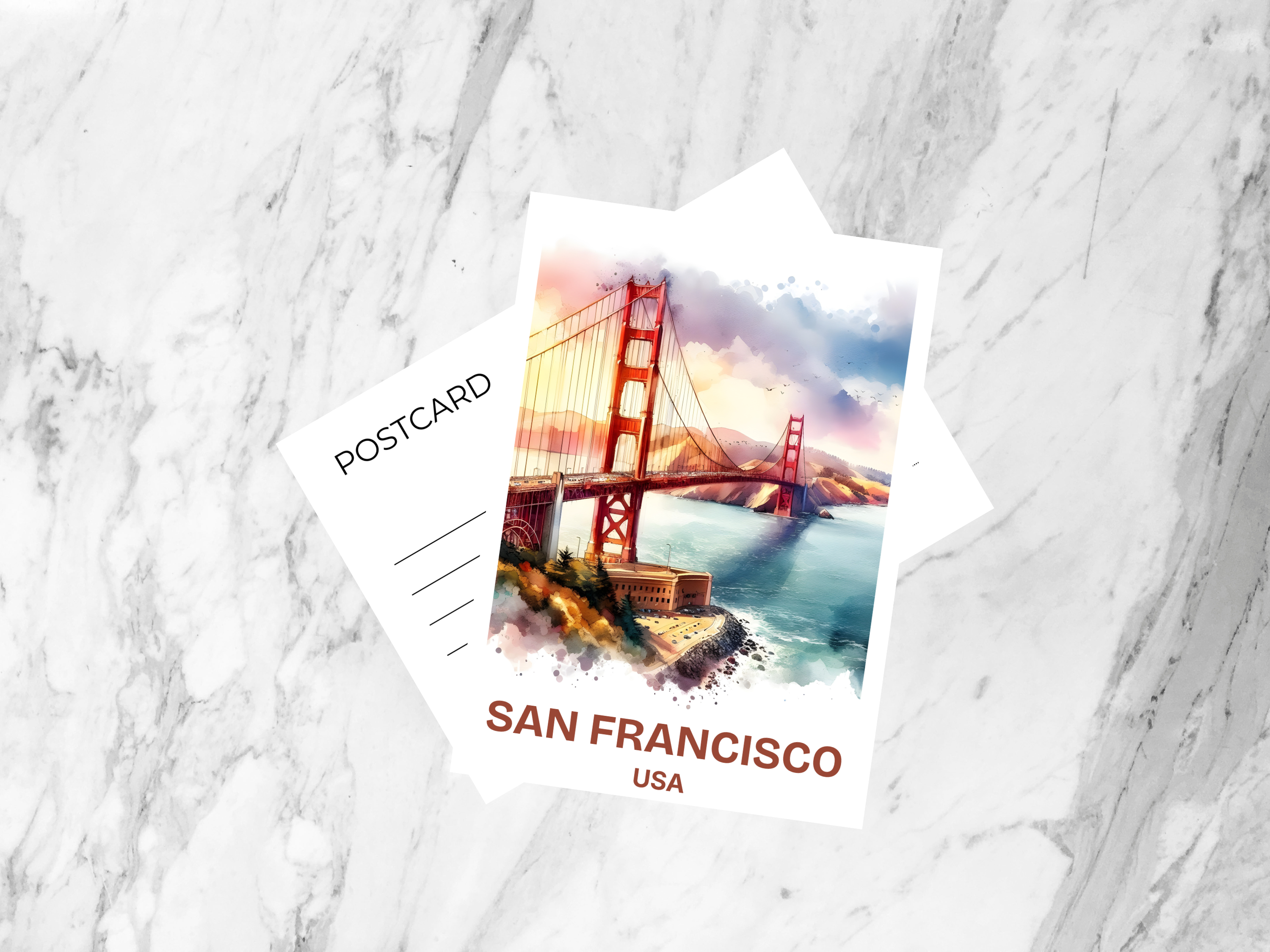 San Francisco Watercolor Postcard Golden Gate Bridge Travel Souvenir Scenic California Travel Keepsake USA Cityscape Gift Idea