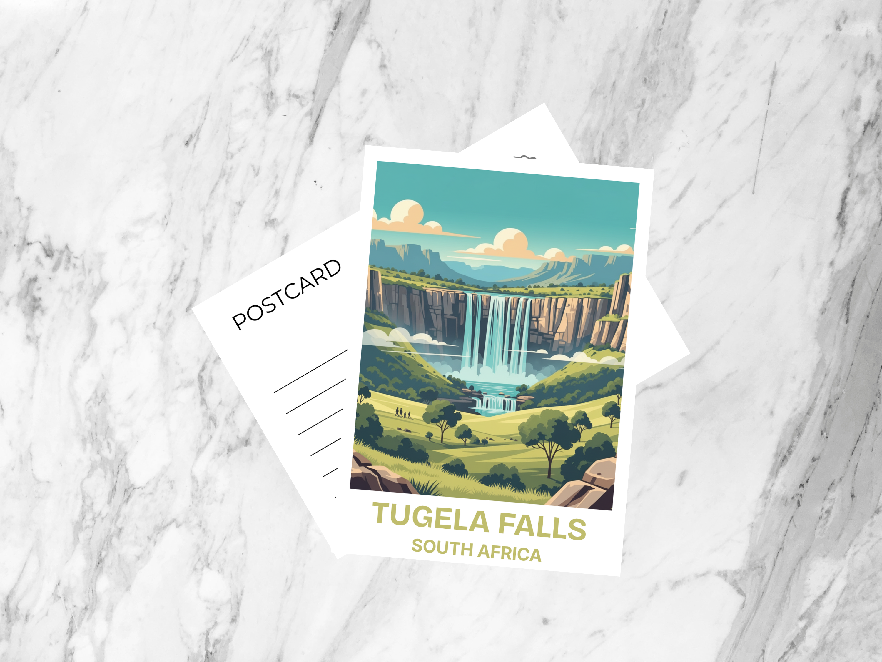 Tugela Falls South Africa Travel Postcard Retro Vintage Travel Poster Mid Century Waterfall Scenic Illustration Tourism Art Card